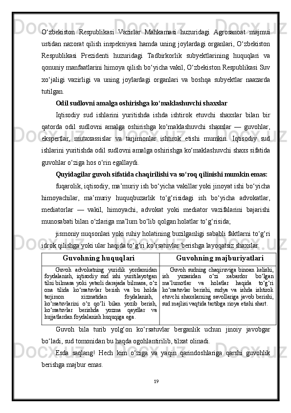 O‘zbekiston   Respublikasi   Vazirlar   Mahkamasi   huzuridagi   Agrosanoat   majmui
ustidan nazorat qilish inspeksiyasi  hamda uning joylardagi organlari, O‘zbekiston
Respublikasi   Prezidenti   huzuridagi   Tadbirkorlik   subyektlarining   huquqlari   va
qonuniy manfaatlarini himoya qilish bo‘yicha vakil, O‘zbekiston Respublikasi Suv
xo‘jaligi   vazirligi   va   uning   joylardagi   organlari   va   boshqa   subyektlar   naazarda
tutilgan.
Odil sudlovni amalga oshirishga ko‘maklashuvchi shaxslar
Iqtisodiy   sud   ishlarini   yuritishda   ishda   ishtirok   etuvchi   shaxslar   bilan   bir
qatorda   odil   sudlovni   amalga   oshirishga   ko‘maklashuvchi   shaxslar   —   guvohlar,
ekspertlar,   mutaxassislar   va   tarjimonlar   ishtirok   etishi   mumkin.   Iqtisodiy   sud
ishlarini yuritishda odil sudlovni amalga oshirishga ko‘maklashuvchi shaxs sifatida
guvohlar o‘ziga hos o‘rin egallaydi.
Quyidagilar guvoh sifatida chaqirilishi va so‘roq qilinishi mumkin emas:
fuqarolik, iqtisodiy, ma’muriy ish bo‘yicha vakillar yoki jinoyat ishi bo‘yicha
himoyachilar,   ma’muriy   huquqbuzarlik   to‘g‘risidagi   ish   bo‘yicha   advokatlar,
mediatorlar   —   vakil,   himoyachi,   advokat   yoki   mediator   vazifalarini   bajarishi
munosabati bilan o‘zlariga ma’lum bo‘lib qolgan holatlar to‘g‘risida;
jismoniy nuqsonlari yoki ruhiy holatining buzilganligi sababli faktlarni to‘g‘ri
idrok qilishga yoki ular haqida to‘g‘ri ko‘rsatuvlar berishga layoqatsiz shaxslar.
Guvohning   huquqlari Guvohning   majburiyatlari
Guvoh   advokatning   yuridik   yordamidan
foydalanish ,   iqtisodiy   sud   ishi   yuritilayotgan
tilni   bilmasa   yoki   yetarli   darajada   bilmasa ,   o ‘ z
ona   tilida   ko ‘ rsatuvlar   berish   va   bu   holda
tarjimon xizmatidan foydalanish ,
ko ‘ rsatuvlarini   o ‘ z   qo ‘ li   bilan   yozib   berish ,
ko ‘ rsatuvlar   berishda   yozma   qaydlar   va
hujjatlardan   foydalanish   huquqiga   ega . Guvoh   sudning   chaqiruviga   binoan   kelishi ,
ish   yuzasidan   o ‘ zi   xabardor   bo ‘ lgan
ma ’ lumotlar   va   holatlar   haqida   to ‘ g ‘ ri
ko ‘ rsatuvlar   berishi ,   sudya   va   ishda   ishtirok
etuvchi   shaxslarning   savollariga   javob   berishi ,
sud   majlisi   vaqtida   tartibga   rioya   etishi   shart .
Guvoh   bila   turib   yolg‘on   ko‘rsatuvlar   berganlik   uchun   jinoiy   javobgar
bo‘ladi, sud tomonidan bu haqda ogohlantirilib, tilxat olinadi.
Esda   saqlang!   Hech   kim   o‘ziga   va   yaqin   qarindoshlariga   qarshi   guvohlik
berishga majbur emas.
19