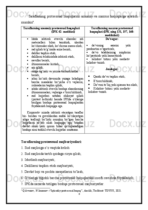 Taraflarning   protsessual   huquqlarini   umumiy   va   maxsus   huquqlarga   ajratish
mumkin 4
.
Таraflarning   umumiy   protsessual   huquqlari  
(IPK   42-  moddasi) Таraflarning maxsus protsessual
huquqlari   (IPK   ning   131,   157,   160-
moddalari)
 Ishda   ishtirok   etuvchi   shaxslar   ish
materiallari   bilan   tanishish,   ulardan
ko‘chirmalar olish, ko‘chirma nusxa olish;
 rad   qilish   to‘g‘risida   ariza   berish;
 dalillar   taqdim  etish;
 dalillarni   tekshirishda   ishtirok   etish;
 savollar   berish;
 iltimosnomalar   kiritish;
 arz   qilish;
 sudga   og‘zaki va   yozma   tushuntirishlar 
berish;
 ishni   ko‘rish   davomida   yuzaga   keladigan
barcha   masalalar   bo‘yicha   o‘z   vajlarini,
xulosalarini taqdim qilish;
 ishda ishtirok etuvchi boshqa shaxslarning
iltimosnomalari, vajlariga e’tiroz bildirish;
 sud   hujjatlari   ustidan   shikoyat   qilish
(protest   keltirish)   hamda   IPKda   o‘zlariga
berilgan   boshqa   protsessual   huquqlardan
foydalanish   huquqiga   ega.
Korporativ   nizoda   ishtirok   etayotgan   taraflar
bir-   biridan   va   guvohlardan   sudda   ko‘rilayotgan
ishga   taalluqli   bo‘lishi   mumkin   bo‘lgan   barcha
hujjatlarni   so‘rab   olish   huquqiga   ega,   bundan
davlat   sirini   yoki   qonun   bilan   qo‘riqlanadigan
boshqa sirni tashkil etuvchi hujjatlar  mustasno. Da’vogar:
 da’voning asosini yoki 
predmetini o’zgartirish;
 da’vo talablarining miqdorini 
ko’paytirish yoki kamaytirish
 kelishuv   bitimi   yoki   mediativ 
kelishuv tuzish.
Javobgar:
 Qarshi   da’vo   taqdim   etish;
 E’tiroz   bildirish;
 Da’voni to’liq yoki qisman tan  olish;
 Kelishuv   bitimi   yoki   mediativ 
kelishuv tuzish.
Таraflarning protsessual majburiyatlari:
1. Sud majlisiga o‘z vaqtida kelish
2. Sud majlisida tartib qoidaga rioya qilish;
3. Isbotlash majburiyati;
4. Dalillarni taqdim etish majburiyati; 
5. Davlat boji va pochta xarajatlarini to‘lash;
6. O‘zlariga tegishli barcha protsessual huquqlardan insofli ravishda foydalanish;
7. IPKda nazarda tutilgan boshqa protsessual majburiyatlar.
4
 Q.Avezov,  N.Imomov –“Iqtisodiy protsessual huquq”., darslik, Toshkent: TDYUU, 2021.
8 