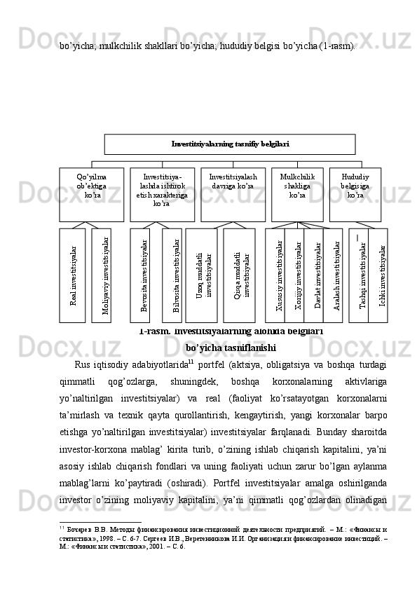 bo’yicha; mulkchilik shakllari bo’yicha; hududiy belgisi bo’yicha (1-rasm).
 
1-rasm. Investitsiyalarning alohida belgilari
bo’yicha tasniflanishi
Rus   iqtisodiy   adabiyotlarida 11
  portfel   (aktsiya,   obligatsiya   va   boshqa   turdagi
qimmatli   qog’ozlarga,   shuningdek,   boshqa   korxonalarning   aktivlariga
yo’naltirilgan   investitsiyalar)   va   real   (faoliyat   ko’rsatayotgan   korxonalarni
ta’mirlash   va   texnik   qayta   qurollantirish,   kengaytirish,   yangi   korxonalar   barpo
etishga   yo’naltirilgan   investitsiyalar)   investitsiyalar   farqlanadi.   Bunday   sharoitda
investor-korxona   mablag’   kirita   turib,   o’zining   ishlab   chiqarish   kapitalini,   ya’ni
asosiy   ishlab   chiqarish   fondlari   va   uning   faoliyati   uchun   zarur   bo’lgan   aylanma
mablag’larni   ko’paytiradi   (oshiradi).   Portfel   investitsiyalar   amalga   oshirilganda
investor   o’zining   moliyaviy   kapitalini,   ya’ni   qimmatli   qog’ozlardan   olinadigan
11
  Бочарев   В.В.   Метод ы   финансирования   инвестиционной   деятельности   предприятий.   –   М . :   «Финансы   и
статистика», 1998.  –  С. 6-7.  Сергеев И.В., Веретенникова И.И. Организация и финансирование   инвестиций. –
М.:  « Финанс ы и  статистика » , 2001. – С. 6. Investitsiyalarning tasnifiy belgilari
Qo’yilma 
ob’ektiga
  ko’ra Investitsiya -
lashda ishtirok 
etish xarakteriga 
ko’ra  Investitsiyalash 
davriga ko’ra Mulkchilik 
shakliga 
ko’ra Hududiy 
belgisiga 
ko’raReal investitsiyalar	
Moliyaviy investitsiyalar	
Bevosita investitsiyalar	
Bilvosita investitsiyalar	
Uzoq muddatli 	
investitsiyalar	
Qisqa muddatli 	
investitsiyalar	
Xususiy investitsiyalar	
Xorijiy investitsiyalar	
Davlat investitsiyalar	
Aralash investitsiyalar	
Tashqi investitsiyalar	
Ichki investitsiyalar