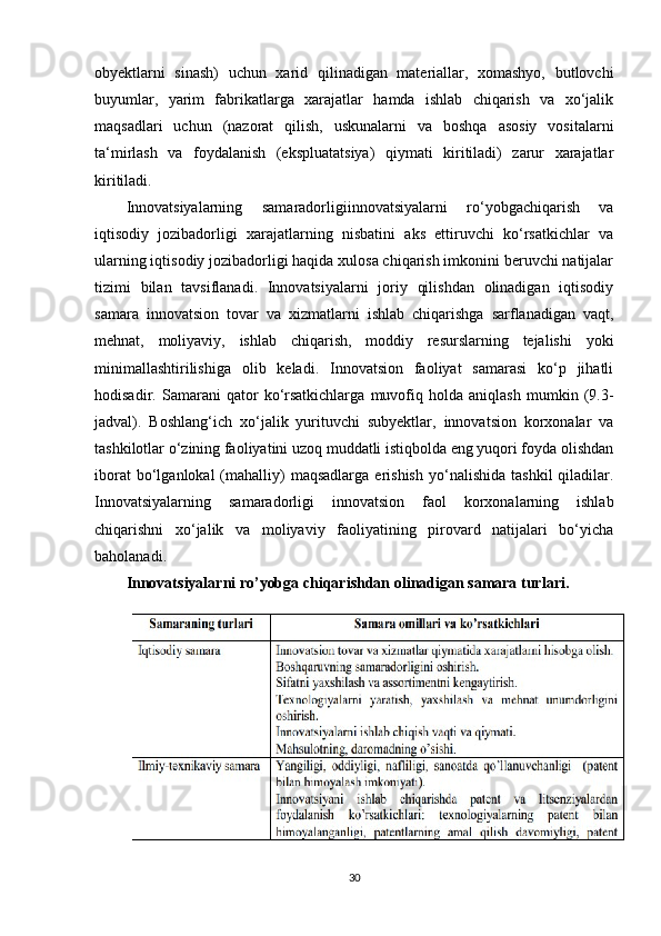 obyektlarni   sinash)   uchun   xarid   qilinadigan   materiallar,   xomashyo,   butlovchi
buyumlar,   yarim   fabrikatlarga   xarajatlar   hamda   ishlab   chiqarish   va   xo‘jalik
maqsadlari   uchun   (nazorat   qilish,   uskunalarni   va   boshqa   asosiy   vositalarni
ta‘mirlash   va   foydalanish   (ekspluatatsiya)   qiymati   kiritiladi)   zarur   xarajatlar
kiritiladi.
Innovatsiyalarning   samaradorligiinnovatsiyalarni   ro‘yobgachiqarish   va
iqtisodiy   jozibadorligi   xarajatlarning   nisbatini   aks   ettiruvchi   ko‘rsatkichlar   va
ularning iqtisodiy jozibadorligi haqida xulosa chiqarish imkonini beruvchi natijalar
tizimi   bilan   tavsiflanadi.   Innovatsiyalarni   joriy   qilishdan   olinadigan   iqtisodiy
samara   innovatsion   tovar   va   xizmatlarni   ishlab   chiqarishga   sarflanadigan   vaqt,
mehnat,   moliyaviy,   ishlab   chiqarish,   moddiy   resurslarning   tejalishi   yoki
minimallashtirilishiga   olib   keladi.   Innovatsion   faoliyat   samarasi   ko‘p   jihatli
hodisadir.   Samarani   qator   ko‘rsatkichlarga   muvofiq   holda   aniqlash   mumkin   (9.3-
jadval).   Boshlang‘ich   xo‘jalik   yurituvchi   subyektlar,   innovatsion   korxonalar   va
tashkilotlar o‘zining faoliyatini uzoq muddatli istiqbolda eng yuqori foyda olishdan
iborat  bo‘lganlokal  (mahalliy)  maqsadlarga   erishish  yo‘nalishida   tashkil   qiladilar.
Innovatsiyalarning   samaradorligi   innovatsion   faol   korxonalarning   ishlab
chiqarishni   xo‘jalik   va   moliyaviy   faoliyatining   pirovard   natijalari   bo‘yicha
baholanadi.
Innovatsiyalarni ro’yobga chiqarishdan olinadigan samara turlari.
30