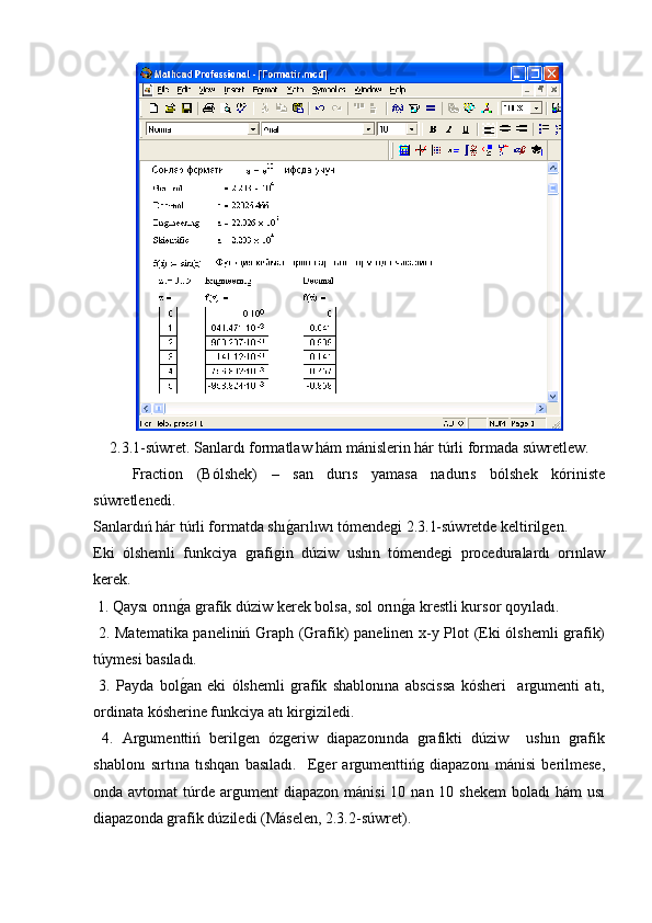 2.3.1-súwret. Sanlardı formatlaw hám mánislerin hár túrli formada súwretlew.
Fraction   (Bólshek)   –   san   durıs   yamasa   nadurıs   bólshek   kóriniste
súwretlenedi.
Sanlardıń hár túrli formatda shıg�arılıwı tómendegi 2.3.1-súwretde keltirilgen.
Eki   ólshemli   funkciya   grafigin   dúziw   ushın   tómendegi   proceduralardı   orınlaw
kerek.
 1. Qaysı orın	
g�a grafik dúziw kerek bolsa, sol orın	g�a krestli kursor qoyıladı.
  2. Matematika paneliniń Graph (Grafik) panelinen x-y Plot (Eki ólshemli grafik)
túymesi basıladı.
  3.   Payda   bol	
g�an   eki   ólshemli   grafik   shablonına   abscissa   kósheri     argumenti   atı,
ordinata kósherine funkciya atı kirgiziledi.
  4.   Argumenttiń   berilgen   ózgeriw   diapazonında   grafikti   dúziw     ushın   grafik
shablonı   sırtına   tıshqan   basıladı.     Eger   argumenttińg   diapazonı   mánisi   berilmese,
onda avtomat  túrde argument  diapazon  mánisi  10  nan 10  shekem  boladı   hám  usı
diapazonda grafik dúziledi (Máselen, 2.3.2-súwret). 