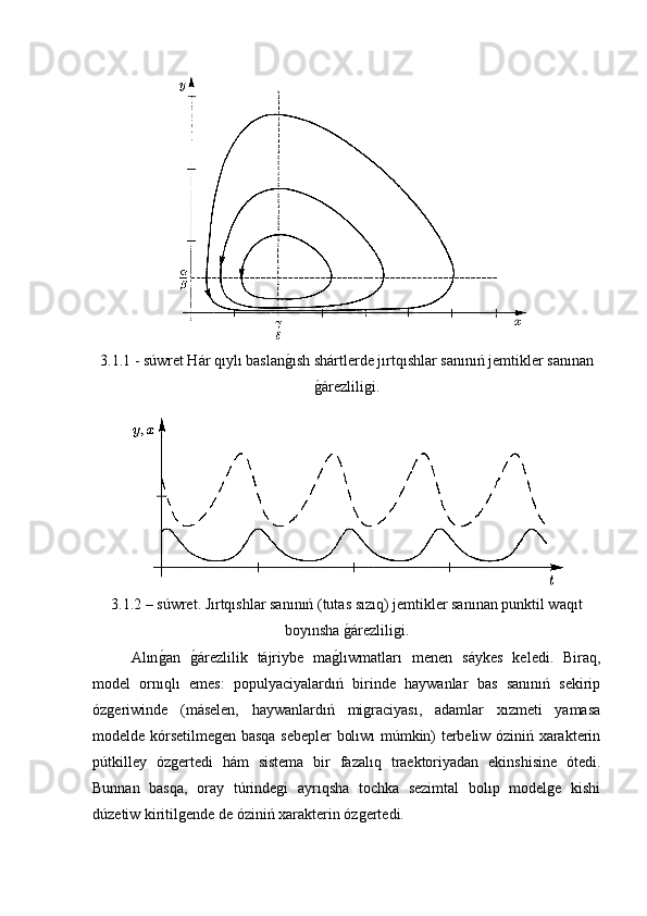 3.1.1 - súwret Hár qıylı baslang�ısh shártlerde jırtqıshlar sanınıń jemtikler sanınan
g	
�árezliligi.
3.1.2 – súwret. Jırtqıshlar sanınıń (tutas sızıq) jemtikler sanınan punktil waqıt
boyınsha 	
g�árezliligi.
   Alın	
g�an  	g�árezlilik   tájriybe   ma	g�lıwmatları   menen   sáykes   keledi.   Biraq,
model   ornıqlı   emes:   populyaciyalardıń   birinde   haywanlar   bas   sanınıń   sekirip
ózgeriwinde   (máselen,   haywanlardıń   migraciyası,   adamlar   xızmeti   yamasa
modelde kórsetilmegen basqa sebepler bolıwı múmkin) terbeliw óziniń xarakterin
pútkilley   ózgertedi   hám   sistema   bir   fazalıq   traektoriyadan   ekinshisine   ótedi.
Bunnan   basqa,   oray   túrindegi   ayrıqsha   tochka   sezimtal   bolıp   modelge   kishi
dúzetiw kiritilgende de óziniń xarakterin ózgertedi. 