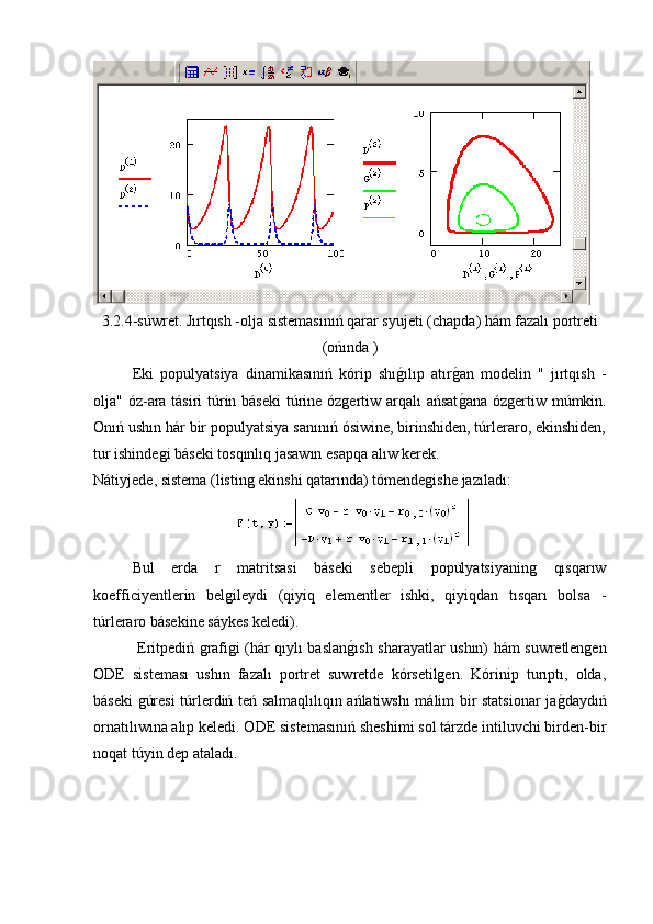 3.2.4-súwret. Jırtqısh -olja sistemasınıń qarar syujeti (chapda) hám fazalı portreti
(ońında ) 
Eki   populyatsiya   dinamikasınıń   kórip   shıg�ılıp   atır	g�an   modelin   "   jırtqısh   -
olja" óz-ara tásiri túrin báseki  túrine ózgertiw arqalı ańsat
g�ana  ózgertiw múmkin.
Onıń ushın hár bir populyatsiya sanınıń ósiwine, birinshiden, túrleraro, ekinshiden,
tur ishindegi báseki tosqınlıq jasawın esapqa alıw kerek.
Nátiyjede, sistema (listing ekinshi qatarında) tómendegishe jazıladı:
Bul   erda   r   matritsasi   báseki   sebepli   populyatsiyaning   qısqarıw
koefficiyentlerin   belgileydi   (qiyiq   elementler   ishki,   qiyiqdan   tısqarı   bolsa   -
túrleraro básekine sáykes keledi).
  Eritpediń grafigi (hár qıylı baslan	
g�ısh sharayatlar ushın) hám suwretlengen
ODE   sisteması   ushın   fazalı   portret   suwretde   kórsetilgen.   Kórinip   turıptı,   olda,
báseki gúresi túrlerdiń teń salmaqlılıqın ańlatiwshı málim bir statsionar ja	
g�daydıń
ornatılıwına alıp keledi. ODE sistemasınıń sheshimi sol tárzde intiluvchi birden-bir
noqat túyin dep ataladı. 