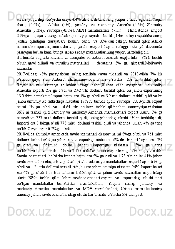 surari  yuqoriligi  bo‘yicha osiyo 4.4% lik o‘sish bilan eng yuqori o‘rinni egalladi.Yaqin
sharq     (4.4%),        Afrika     (4%),     janubiy     va     markaziy    Amerika   (2.5%),   Shimoliy
Amerika  (1.2%), Yevropa  (-0.5%),  MDH  mamlakatlari    (-1.1),       Hindistonda     import
2.9%ga    qisqardi bunga sabab iqtisodiy pasayish    bo‘ldi , lekin xitoy respublikasining
jetdan     qiladigan     xarajatlari     keskin     oshdi     va   10%   dan   oshiqni   tashkil   qildi;  Afrika
hamm o‘z import hajmini oshirdi  ,  garchi  eksport  hajmi  so‘nggi  ikki  yil  davomida
pasaygan bo‘lsa ham, bunga sabab asosiy maxsulotlarining yuqori narxdaligidir. 
Bu   borada   sug‘urta  xizmati   va   computer   va  axborot   xizmati   exp[ortida       8%   li   kuchli
o‘sish   qayd   qilindi   va   qurulish   materiallari           faqatgina     3%     ga     qisqardi.Moliyaviy
xizmatlar
2017-yildagi   -3%   pasayishdan   so‘ng   tezlikda   qayta   tiklandi   va   2018-yilda   7%   lik
o‘sishni   qayd   etdi.   Axborot   almashinuv   xizmatlari   o‘rtacha     2%   ni   tashkil   qildi.
Royaltilar   va   litsenziya   to‘lovlari   6%ga   oshdi;Xulosa   qilib   aytganda   ,   shimoliy
Amerika   exporti   2%   ga   o‘sdi   va   2.42   trln   dollarni   tashkil   qildi,   bu   jahon   exportining
13.0 foizi demakdir; Import hajmi esa 1% ga o‘sdi va 3.2 trln dollarni tashkil qildi va bu
jahon umumiy ko‘ratkichiga nisbatan 17% ni tashkil qildi; Yevropa   2013-yilda export
hajmi  4%  ga  o‘sdi  va     6.64  trln  dollarni  tashkil qildi.jahon umumiysiga nisbatan
36%   ni   tashkil   qildi;Janubiy   va   markaziy  Amerika   mamlakatlari   export   ulushi   2%   ga
pasaydi  va  737 mlrd dollarni  tashkil  qildi, uning  jahondagi  ulushi  4%  ni   tashkilq  ildi;
Importi esa,2 foizga o‘sdi 773 mlrd  dollarni tashkil qildi va jahonda  ulushi 4% ga teng
bo‘ldi;Osiyo exporti 2%ga o‘sdi.
2018-yilda shimoliy amerikada savdo xizmatlari eksport hajmi 5%ga o‘sdi va 761 mlrd
dollarni  tashkil  qildi,bu jahon savdo exportiga nisbatan 16% dir. Import hajmi esa 2%
ga   o‘sdi   va     561mlrd     dollar,     jahon     importiga     nisbatan     13%     ga     teng
bo‘ldi;Yevropada o‘sish    6% va 2.17trln dollar jahon eksportining  47%  i  qayd  etildi.
Savdo  xizmatlari  bo‘yicha import hajmi esa 5% ga osdi va 1.78 trln dollar 41% jahon
savdo xizmatlari eksportidagi ulushi;Bu borada osiyo mamlakatlari export hajmi 6 % ga
o‘sdi va 1.21 trln dollarni tashkil etdi, bu esa jahon hajmiga nisbatan 26%;Import hajmi
esa   4%   ga   o‘sdi,1.23   trln   dollarni   tashkil   qildi   va   jahon   savdo   xizmatlari   importidagi
ulushi 28%ni tashkil qildi. Jahon savdo xizmatlari exporti  va  importidagi  ulushi  past
bo‘lgan     mamlakatlar     bu:  Afrika       mamlakatlari,       Yaqain       sharq,       janubiy       va
markaziy   Amerika   mamlakatlari   va   MDH   mamlakatlari;   Ushbu   mamlakatlarning
umumiy jahon savdo xizmatlaridagi ulushi har biriniki o‘rtacha 5% dan past. 