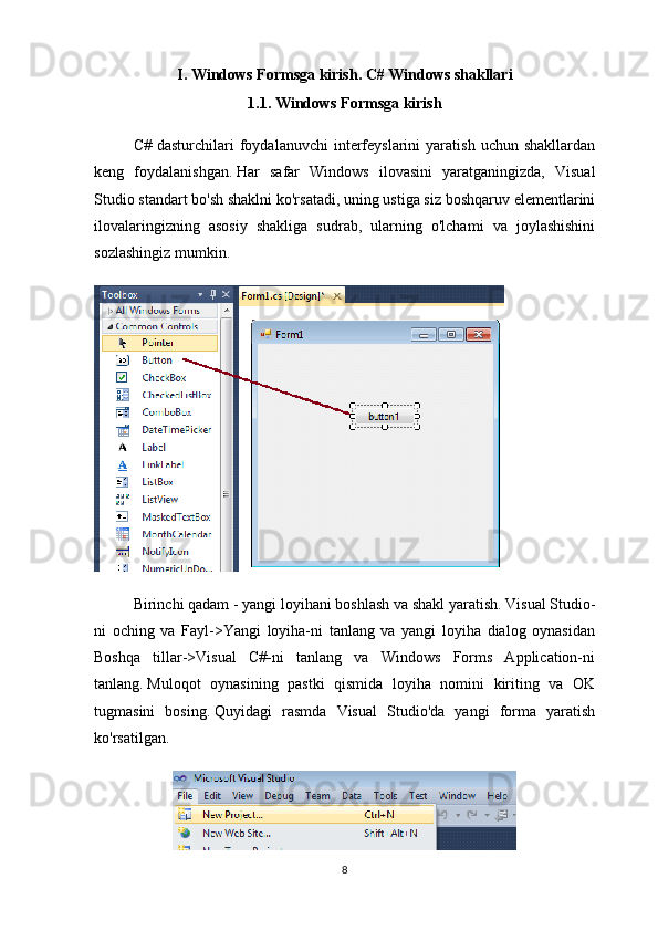 I. Windows Formsga kirish .  C# Windows shakllari
1. 1 . Windows Formsga kirish
C#  dasturchilari  foydalanuvchi   interfeyslarini  yaratish   uchun  shakllardan
keng   foydalanishgan.   Har   safar   Windows   ilovasini   yaratganingizda,   Visual
Studio standart bo'sh shaklni ko'rsatadi, uning ustiga siz boshqaruv elementlarini
ilovalaringizning   asosiy   shakliga   sudrab,   ularning   o'lchami   va   joylashishini
sozlashingiz mumkin.
Birinchi qadam - yangi loyihani boshlash va shakl yaratish.   Visual Studio-
ni   oching   va   Fayl->Yangi   loyiha-ni   tanlang   va   yangi   loyiha   dialog   oynasidan
Boshqa   tillar->Visual   C#-ni   tanlang   va   Windows   Forms   Application-ni
tanlang.   Muloqot   oynasining   pastki   qismida   loyiha   nomini   kiriting   va   OK
tugmasini   bosing.   Quyidagi   rasmda   Visual   Studio'da   yangi   forma   yaratish
ko'rsatilgan.
8 