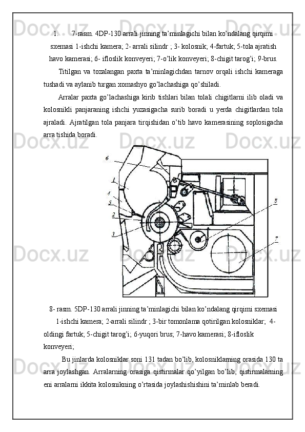1. 7-rasm. 4DP-130 arrali jinning ta’minlagichi bilan ko’ndalang qirqimi
sxemasi 1-ishchi kamera; 2- arrali silindr ; 3- kolosnik; 4-fartuk; 5-tola ajratish
havo kamerasi; 6- ifloslik konveyeri; 7-o’lik konveyeri; 8-chigit tarog’i; 9-brus. 
Titilgan   va   tozalangan   paxta   ta’minlagichdan   tarnov   orqali   ishchi   kameraga
tushadi va aylanib turgan xomashyo go’lachashiga qo’shiladi. 
Arralar   paxta   go’lachashiga   kirib   tishlari   bilan   tolali   chigitlarni   ilib   oladi   va
kolosnikli   panjaraning   ishchi   yuzasigacha   surib   boradi   u   yerda   chigitlardan   tola
ajraladi.   Ajratilgan   tola   panjara   tirqishidan   o’tib   havo   kamerasining   soplosigacha
arra tishida boradi. 
8- rasm. 5DP-130 arrali jinning ta’minlagichi bilan ko’ndalang qirqimi sxemasi 
1-ishchi kamera; 2-arrali silindr ; 3-bir tomonlama qotirilgan kolosniklar;  4-
oldingi fartuk; 5-chigit tarog’i; 6-yuqori brus; 7-havo kamerasi; 8-ifloslik 
konveyeri; 
Bu jinlarda kolosniklar soni 131 tadan bo’lib, kolosniklarning orasida 130 ta
arra   joylashgan.   Arralarning   orasiga   qistirmalar   qo’yilgan   bo’lib,   qistirmalarning
eni arralarni ikkita kolosnikning o’rtasida joylashishishini ta’minlab beradi.   