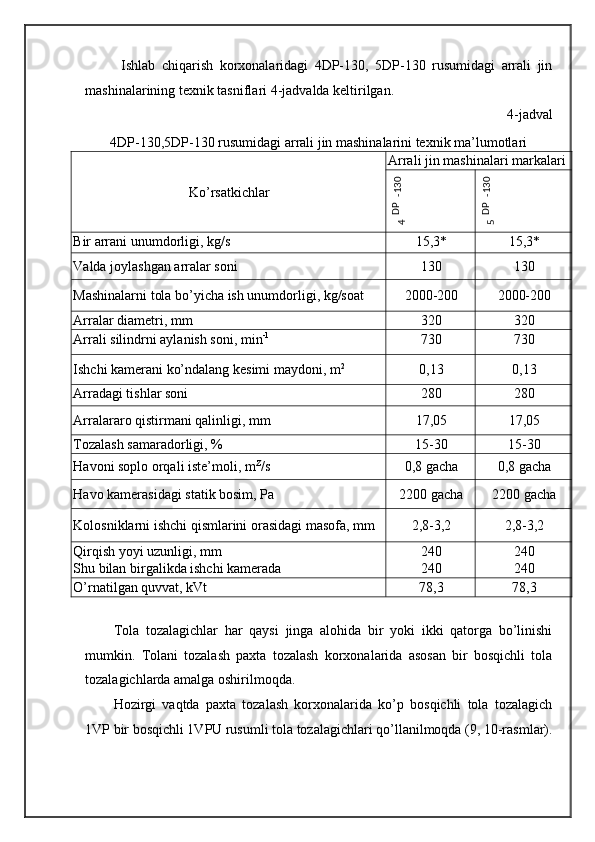 Ishlab   chiqarish   korxonalaridagi   4DP-130,   5DP-130   rusumidagi   arrali   jin
mashinalarining   texnik tasniflari 4-jadvalda keltirilgan. 
4-jadval 
4DP-130,5DP-130 rusumidagi arrali jin mashinalarini texnik ma’lumotlari  
Ko’rsatkichlar  Arrali jin mashinalari markalari 
Bir arrani unumdorligi, kg/s  15,3*  15,3* 
Valda joylashgan arralar soni  130  130 
Mashinalarni tola bo’yicha ish unumdorligi, kg/soat  2000-200  2000-200 
Arralar diametri, mm  320  320 
Arrali silindrni aylanish soni, min -1
  730  730 
Ishchi kamerani ko’ndalang kesimi maydoni, m 2
  0,13  0,13 
Arradagi tishlar soni  280  280 
Arralararo qistirmani qalinligi, mm  17,05  17,05 
Tozalash samaradorligi, %  15-30  15-30 
Havoni soplo orqali iste’moli, m Z
/s  0,8 gacha  0,8 gacha 
Havo kamerasidagi statik bosim, Pa  2200 gacha  2200 gacha 
Kolosniklarni ishchi qismlarini orasidagi masofa, mm  2,8-3,2  2,8-3,2 
Qirqish yoyi uzunligi, mm 
Shu bilan birgalikda ishchi kamerada  240 
240  240 
240 
O’rnatilgan quvvat, kVt  78,3  78,3 
 
Tola   tozalagichlar   har   qaysi   jinga   alohida   bir   yoki   ikki   qatorga   bo’linishi
mumkin.   Tolani   tozalash   paxta   tozalash   korxonalarida   asosan   bir   bosqichli   tola
tozalagichlarda amalga oshirilmoqda. 
Hozirgi   vaqtda   paxta   tozalash   korxonalarida   ko’p   bosqichli   tola   tozalagich
1VP bir bosqichli 1VPU rusumli tola tozalagichlari qo’llanilmoqda (9, 10-rasmlar).4
DP
-130 	
5
DP
-130  