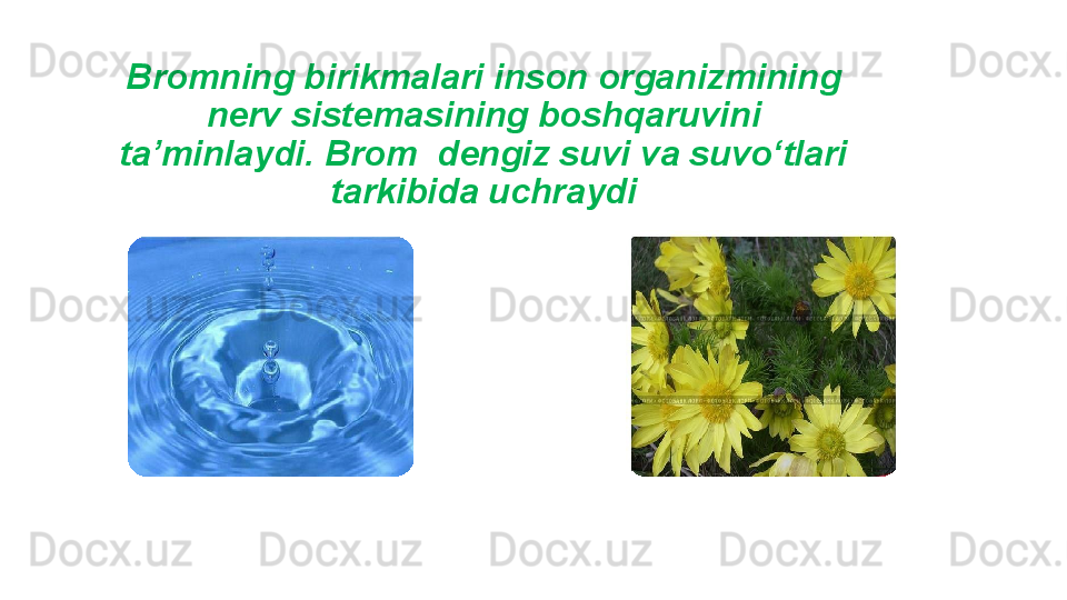 Bromning birikmalari inson organizmining 
nerv sistemasining boshqaruvini 
ta’minlaydi. Brom  dengiz suvi va suvo‘tlari 
tarkibida uchraydi 