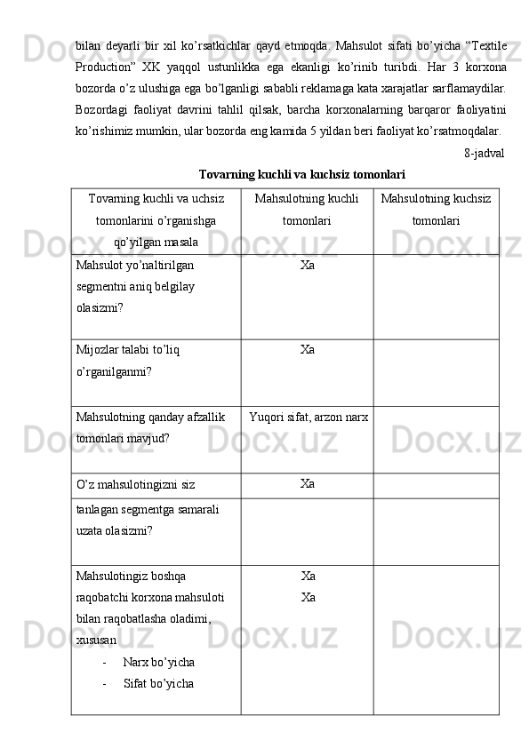 bilan   deyarli   bir   xil   ko’rsatkichlar   qayd   etmoqda.   Mahsulot   sifati   bo’yicha   “Textile
Production”   XK   yaqqol   ustunlikka   ega   ekanligi   ko’rinib   turibdi.   Har   3   korxona
bozorda o’z ulushiga ega bo’lganligi sababli reklamaga kata xarajatlar sarflamaydilar.
Bozordagi   faoliyat   davrini   tahlil   qilsak,   barcha   korxonalarning   barqaror   faoliyatini
ko’rishimiz mumkin, ular bozorda eng kamida 5 yildan beri faoliyat ko’rsatmoqdalar. 
8-jadval 
Tovarning kuchli va kuchsiz tomonlari 
Tovarning kuchli va uchsiz
tomonlarini o’rganishga
qo’yilgan masala   Mahsulotning kuchli
tomonlari  Mahsulotning kuchsiz
tomonlari 
Mahsulot yo’naltirilgan 
segmentni aniq belgilay 
olasizmi? 
  Xa   
Mijozlar talabi to’liq 
o’rganilganmi? 
  Xa   
Mahsulotning qanday afzallik 
tomonlari mavjud? 
  Yuqori sifat, arzon narx  
O’z mahsulotingizni siz  Xa   
tanlagan segmentga samarali 
uzata olasizmi? 
 
Mahsulotingiz boshqa 
raqobatchi korxona mahsuloti 
bilan raqobatlasha oladimi, 
xususan 
- Narx bo’yicha 
- Sifat bo’yicha 
  Xa
Xa    