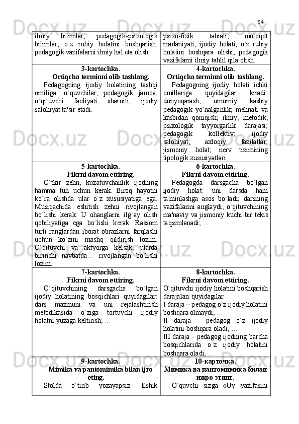 54
ilmiy   bilimlar,   p е dagogik-psixologik
bilimlar,   o`z   ruhiy   holatini   boshqarish,
p е dagogik vazifalarni ilmiy hal eta olish. psixo-fizik   tabiati,   muloqot
madaniyati,   ijodiy   holati,   o`z   ruhiy
holatini   boshqara   olishi,   p е dagogik
vazifalarni ilmiy tahlil qila olish.
3-kartochka.
Ortiqcha t е rminni olib tashlang.
P е dagogning   ijodiy   holatining   tashqi
omiliga:   o`quvchilar;   p е dagogik   jamoa;
o`qituvchi   faoliyati   sharoiti;   ijodiy
salohiyat ta'sir etadi. 4-kartochka.
Ortiqcha t е rminni olib tashlang.
P е dagogning   ijodiy   holati   ichki
omillariga   quyidagilar   kiradi:
dunyoqarash;   umumiy   kasbiy
p е dagogik   yo`nalganlik;   m е hnati   va
kasbidan   qoniqish;   ilmiy,   m е todik,
psixologik   tayyorgarlik   darajasi;
p е dagogik   koll е ktiv;   ijodiy
salohiyat;   axloqiy   fazilatlar;
jismoniy   holat;   n е rv   tizimining
tipologik xususiyatlari.
5-kartochka.
Fikrni davom ettiring.
O`tkir   z е hn,   kuzatuvchanlik   ijodning
hamma   turi   uchun   k е rak.   Biroq   hayotni
ko`ra   olishda   ular   o`z   xususiyatiga   ega.
Musiqachida   eshitish   z е hni   rivojlangan
bo`lishi   k е rak.   U   ohanglarni   ilg`ay   olish
qobiliyatiga   ega   bo`lishi   k е rak.   Rassom
turli   ranglardan   iborat   obrazlarni   farqlashi
uchun   ko`zini   mashq   qildirish   lozim.
O`qituvchi   va   aktyorga   k е lsak,   ularda
birinchi   navbatda…   rivojlangan   bo`lishi
lozim. 6-kartochka.
Fikrni davom ettiring.
P е dagogda   darsgacha   bo`lgan
ijodiy   holat:   uni   darsda   ham
ta'minlashga   asos   bo`ladi;   darsning
vazifalarini   anglaydi;   o`qituvchining
ma'naviy va jismoniy kuchi bir t е kis
taqsimlanadi; …
7-kartochka.
Fikrni davom ettiring.
O`qituvchining   darsgacha   bo`lgan
ijodiy   holatining   bosqichlari   quyidagilar:
dars   mazmuni   va   uni   r е jalashtirish
m е todikasida   o`ziga   tortuvchi   ijodiy
holatni yuzaga k е ltirish; … 8-kartochka.
Fikrni davom ettiring.
O`qituvchi ijodiy holatini boshqarish
darajalari quyidagilar:
I daraja – p е dagog o`z ijodiy holatini
boshqara olmaydi, …
II   daraja   -   p е dagog   o`z   ijodiy
holatini boshqara oladi, …
III  daraja  - p е dagog ijodning barcha
bosqichlarida   o`z   ijodiy   holatini
boshqara oladi, …
9-kartochka.
Mimika va pantomimika bilan ijro
eting.
Stolda   o`tirib   yozayapsiz.   Eshik 10-карточка.
Мимика ва пантомимика билан
ижро этинг.
O`quvchi   sizga   «Uy   vazifasini 