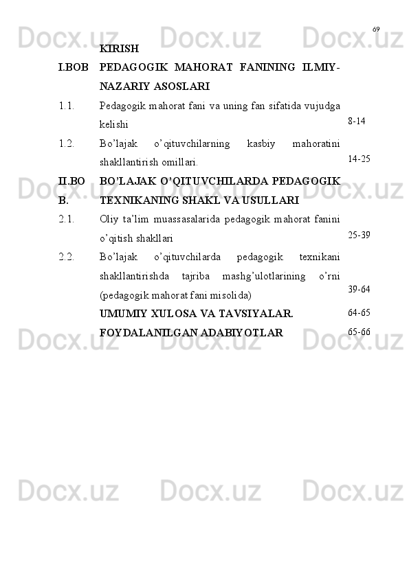 69
KIRISH
I.BOB PEDAGOGIK   MAHORAT   FANINING   ILMIY-
NAZARIY ASOSLARI
1.1. Pedagogik mahorat fani va uning fan sifatida vujudga
kelishi 8-14
1.2. Bo’lajak   o’qituvchilarning   kasbiy   mahoratini
shakllantirish omillari. 14-25
II.BO
B . BO’LAJAK O’QITUVCHILARDA PEDAGOGIK
TEXNIKANING SHAKL VA USULLARI
2.1. Oliy   ta’lim   muassasalarida   pedagogik   mahorat   fanini
o’qitish shakllari 25-39
2.2. Bo’lajak   o’qituvchilarda   pedagogik   texnikani
shakllantirishda   tajriba   mashg’ulotlarining   o’rni
(pedagogik mahorat fani misolida) 39-64
UMUMIY XULOSA VA TAVSIYALAR. 64-65
FOYDALANILGAN ADABIYOTLAR 65-66 