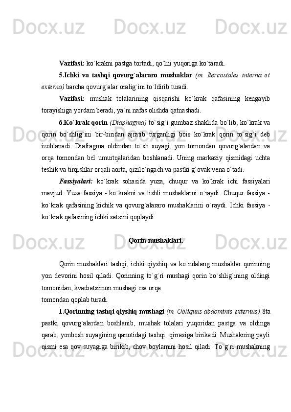 Vazifasi:  ko`krakni pastga tortadi, qo`lni yuqoriga ko`taradi.
5.Ichki   va   tashqi   qovurg`alararo   mushaklar   (m.   Itercostales   interna   et
externa)  barcha qovurg`alar oralig`ini to`ldirib turadi.
Vazifasi:   mushak   tolalarining   qisqarishi   ko`krak   qafasining   kengayib
torayishiga yordam beradi, ya`ni nafas olishda qatnashadi.
6.Ko`krak qorin   (Diaphagma)   to`sig`i gumbaz shaklida bo`lib, ko`krak va
qorin   bo`shlig`ini   bir-biridan   ajratib   turganligi   bois   ko`krak   qorin   to`sig`i   deb
izohlanadi.   Diafragma   oldindan   to`sh   suyagi,   yon   tomondan   qovurg`alardan   va
orqa   tomondan   bel   umurtqalaridan   boshlanadi.   Uning   markaziy   qismidagi   uchta
teshik va tirqishlar orqali aorta, qizilo`ngach va pastki g`ovak vena o`tadi.
F assiyalari:   ko`krak   sohasida   yuza,   chuqur   va   ko`krak   ichi   fassiyalari
mavjud. Yuza  fassiya   -  ko`krakni  va  tishli   mushaklarni  o`raydi. Chuqur   fassiya   -
ko`krak  qafasining  kichik  va   qovurg`alararo  mushaklarini  o`raydi.  Ichki  fassiya  -
ko`krak qafasining ichki satxini qoplaydi.
Qorin mushaklari.
Qorin   mushaklari   tashqi,   ichki   qiyshiq   va   ko`ndalang   mushaklar   qorinning
yon   devorini   hosil   qiladi.   Qorinning   to`g`ri   mushagi   qorin   bo`shlig`ining   oldingi
tomonidan, kvadratsimon mushagi esa orqa
tomondan qoplab turadi.
1.Qorinning tashqi qiyshiq mushagi   (m. Obliquus abdominis externus)  8ta
pastki   qovurg`alardan   boshlanib,   mushak   tolalari   yuqoridan   pastga   va   oldinga
qarab, yonbosh suyagining qanotidagi tashqi  qirrasiga birikadi. Mushakning payli
qismi   esa   qov   suyagiga   birikib,   chov   boylamini   hosil   qiladi.   To`g`ri   mushakning 
