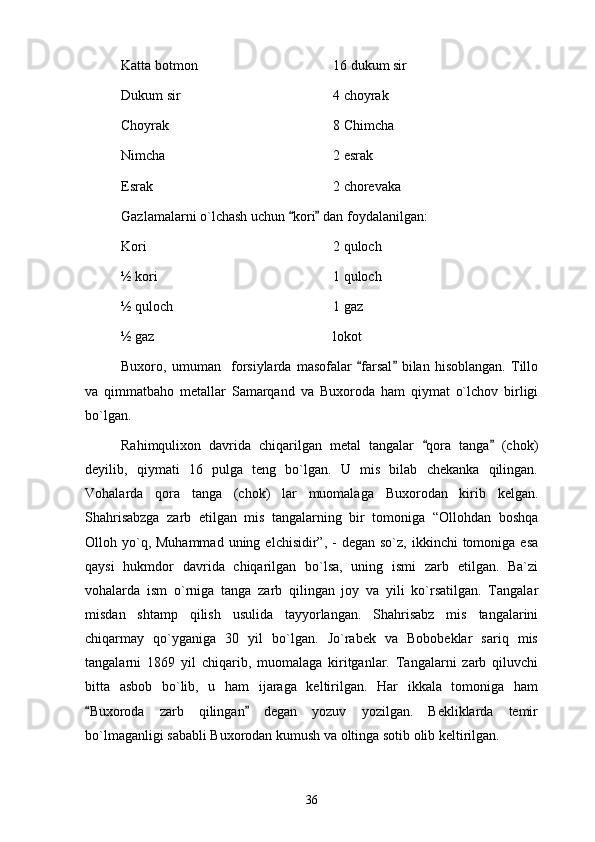 Katta botmon  16 dukum sir
Dukum sir  4 choyrak 
Choyrak  8 Chimcha 
Nimcha  2 esrak 
Esrak  2 chorevaka 
Gazlamalarni o`lchash uchun  kori  dan foydalanilgan:  
Kori 2 quloch
½ kori  1 quloch 
½ quloch  1 gaz
½ gaz  lokot 
Buxoro,   umuman     forsiylarda   masofalar   farsal   bilan   hisoblangan.   Tillo	
 
va   qimmatbaho   metallar   Samarqand   va   Buxoroda   ham   qiymat   o`lchov   birligi
bo`lgan. 
Rahimqulixon   davrida   chiqarilgan   metal   tangalar   qora   tanga   (chok)	
 
deyilib,   qiymati   16   pulga   teng   bo`lgan.   U   mis   bilab   chekanka   qilingan.
Vohalarda   qora   tanga   (chok)   lar   muomalaga   Buxorodan   kirib   kelgan.
Shahrisabzga   zarb   etilgan   mis   tangalarning   bir   tomoniga   “Ollohdan   boshqa
Olloh yo`q, Muhammad  uning  elchisidir”,  -  degan  so`z, ikkinchi   tomoniga  esa
qaysi   hukmdor   davrida   chiqarilgan   bo`lsa,   uning   ismi   zarb   etilgan.   Ba`zi
vohalarda   ism   o`rniga   tanga   zarb   qilingan   joy   va   yili   ko`rsatilgan.   Tangalar
misdan   shtamp   qilish   usulida   tayyorlangan.   Shahrisabz   mis   tangalarini
chiqarmay   qo`yganiga   30   yil   bo`lgan.   Jo`rabek   va   Bobobeklar   sariq   mis
tangalarni   1869   yil   chiqarib,   muomalaga   kiritganlar.   Tangalarni   zarb   qiluvchi
bitta   asbob   bo`lib,   u   ham   ijaraga   keltirilgan.   Har   ikkala   tomoniga   ham
Buxoroda   zarb   qilingan   degan   yozuv   yozilgan.   Bekliklarda   temir	
 
bo`lmaganligi sababli Buxorodan kumush va oltinga sotib olib keltirilgan. 
36 