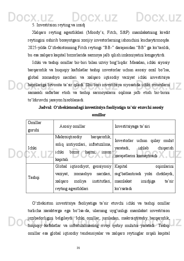 315. Investitsion reyting va imidj
Xalqaro   reyting   agentliklari   (Moody’s,   Fitch,   S&P)   mamlakatning   kredit
reytingini oshirib borayotgani xorijiy investorlarning ishonchini kuchaytirmoqda.
2025-yilda O‘zbekistonning Fitch reytingi “BB-” darajasidan “BB” ga ko‘tarildi,
bu esa xalqaro kapital bozorlarida sarmoya jalb qilish imkoniyatini kengaytirdi.
Ichki   va   tashqi   omillar   bir-biri   bilan   uzviy   bog‘liqdir.   Masalan,   ichki   siyosiy
barqarorlik   va   huquqiy   kafolatlar   tashqi   investorlar   uchun   asosiy   omil   bo‘lsa,
global   xomashyo   narxlari   va   xalqaro   iqtisodiy   vaziyat   ichki   investitsiya
hajmlariga bevosita ta’sir qiladi. Shu bois investitsiya siyosatida ichki resurslarni
samarali   safarbar   etish   va   tashqi   sarmoyalarni   oqilona   jalb   etish   bir-birini
to‘ldiruvchi jarayon hisoblanadi.
Jadval: O‘zbekistondagi investitsiya faoliyatiga ta’sir etuvchi asosiy
omillar
Omillar
guruhi Asosiy omillar Investitsiyaga ta’siri
Ichki Makroiqtisodiy   barqarorlik,
soliq   imtiyozlari,   infratuzilma,
ichki   bozor   hajmi,   inson
kapitali Investorlar   uchun   qulay   muhit
yaratadi,   ishlab   chiqarish
xarajatlarini kamaytiradi
Tashqi Global   iqtisodiyot,   geosiyosiy
vaziyat,   xomashyo   narxlari,
xalqaro   moliya   institutlari,
reyting agentliklari Kapital   oqimlarini
rag‘batlantiradi   yoki   cheklaydi,
mamlakat   imidjiga   ta’sir
ko‘rsatadi
O‘zbekiston   investitsiya   faoliyatiga   ta’sir   etuvchi   ichki   va   tashqi   omillar
turlicha   xarakterga   ega   bo‘lsa-da,   ularning   uyg‘unligi   mamlakat   investitsion
jozibadorligini   belgilaydi.   Ichki   omillar,   jumladan,   makroiqtisodiy   barqarorlik,
huquqiy   kafolatlar   va   infratuzilmaning   rivoji   ijobiy   muhitni   yaratadi.   Tashqi
omillar   esa   global   iqtisodiy   tendensiyalar   va   xalqaro   reytinglar   orqali   kapital 