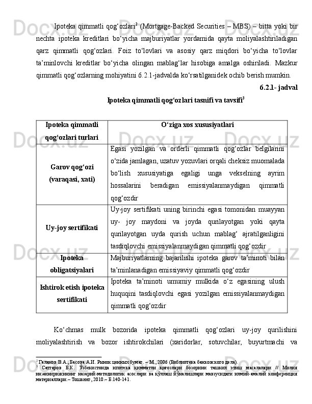 Ipoteka qimmatli qog‘ozlari 2
  (Mortgage-Backed Securities – MBS)  – bitta yoki  bir
nechta   ipoteka   kreditlari   bo‘yicha   majburiyatlar   yordamida   qayta   moliyalashtiriladigan
qarz   qimmatli   qog‘ozlari.   Foiz   to‘lovlari   va   asosiy   qarz   miqdori   bo‘yicha   to‘lovlar
ta’minlovchi   kreditlar   bo‘yicha   olingan   mablag‘lar   hisobiga   amalga   oshiriladi.   Mazkur
qimmatli qog‘ozlarning mohiyatini 6.2.1-jadvalda ko‘rsatilganidek ochib berish mumkin.
6.2.1- jadval 
Ipoteka qimmatli qog‘ozlari tasnifi va tavsifi 3
Ipoteka qimmatli
qog‘ozlari turlari O‘ziga xos xususiyatlari
Garov qog‘ozi
(varaqasi, xati) Egasi   yozilgan   va   orderli   qimmatli   qog‘ozlar   belgilarini
o‘zida jamlagan, uzatuv yozuvlari orqali cheksiz muomalada
bo‘lish   xususiyatiga   egaligi   unga   vekselning   ayrim
hossalarini   beradigan   emissiyalanmaydigan   qimmatli
qog‘ozdir
Uy-joy sertifikati Uy-joy   sertifikati   uning   birinchi   egasi   tomonidan   muayyan
uy-   joy   maydoni   va   joyda   qurilayotgan   yoki   qayta
qurilayotgan   uyda   qurish   uchun   mablag‘   ajratilganligini
tasdiqlovchi emissiyalanmaydigan qimmatli qog‘ozdir
Ipoteka
obligatsiyalari Majburiyatlarning   bajarilishi   ipoteka   garov   ta’minoti   bilan
ta’minlanadigan emissiyaviy qimmatli qog‘ozdir
Ishtirok etish ipoteka
sertifikati Ipoteka   ta’minoti   umumiy   mulkida   o‘z   egasining   ulush
huquqini   tasdiqlovchi   egasi   yozilgan   emissiyalanmaydigan
qimmatli qog‘ozdir
Ko‘chmas   mulk   bozorida   ipoteka   qimmatli   qog‘ozlari   uy-joy   qurilishini
moliyalashtirish   va   bozor   ishtirokchilari   (xaridorlar,   sotuvchilar,   buyurtmachi   va
2
 Галанов В.А., Басова А.И. Рынок ценных бумаг. – М., 2006 (Библиотека банковского дела).
3
  Саттаров   Б.К.   Ўзбекистонда   ипотека   қимматли   қоғозлари   бозорини   ташкил   этиш   масалалари   //   Молия
инжинириясининг   назарий-методологик   асослари   ва   қўллаш   йўналишлари   мавзусидаги   илмий-амалий   конференция
материаллари.– Тошкент, 2010.– Б.140-141. 