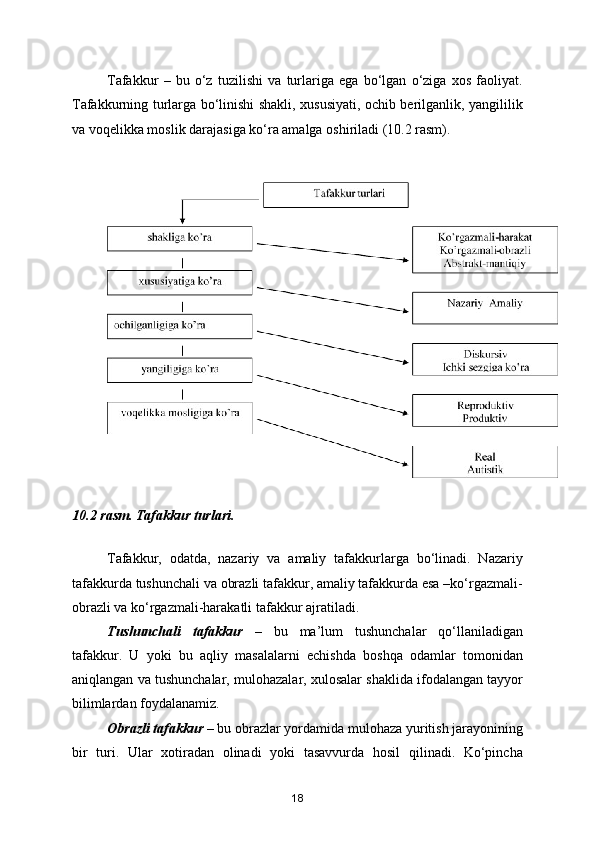Tafakkur   –   bu   o‘z   tuzilishi   va   turlariga   ega   bo‘lgan   o‘ziga   xos   faoliyat.
Tafakkurning turlarga bo‘linishi shakli, xususiyati, ochib berilganlik, yangililik
va voqelikka moslik darajasiga ko‘ra amalga oshiriladi (10.2 rasm).
 
 
   
10.2 rasm. Tafakkur turlari.
 
Tafakkur,   odatda,   nazariy   va   amaliy   tafakkurlarga   bo‘linadi.   Nazariy
tafakkurda tushunchali va obrazli tafakkur, amaliy tafakkurda esa –ko‘rgazmali-
obrazli va ko‘rgazmali-harakatli tafakkur ajratiladi.
Tushunchali   tafakkur   –   bu   ma’lum   tushunchalar   qo‘llaniladigan
tafakkur.   U   yoki   bu   aqliy   masalalarni   echishda   boshqa   odamlar   tomonidan
aniqlangan va tushunchalar, mulohazalar, xulosalar shaklida ifodalangan tayyor
bilimlardan foydalanamiz.
Obrazli tafakkur  – bu obrazlar yordamida mulohaza yuritish jarayonining
bir   turi.   Ular   xotiradan   olinadi   yoki   tasavvurda   hosil   qilinadi.   Ko‘pincha
18