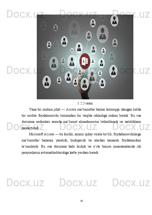 1.2.2-rasm
Yana bir muhim jihat — Access ma’lumotlar bazasi tarmoqqa ulangan holda
bir   nechta   foydalanuvchi   tomonidan   bir   vaqtda   ishlashga   imkon   beradi.   Bu   esa
dorixona   xodimlari   orasida   ma’lumot   almashinuvini   tezlashtiradi   va   xatoliklarni
kamaytiradi.
Microsoft Access — bu kuchli, ammo qulay vosita bo‘lib, foydalanuvchilarga
ma’lumotlar   bazasini   yaratish,   boshqarish   va   ulardan   samarali   foydalanishni
ta’minlaydi.   Bu   esa   dorixona   kabi   kichik   va   o‘rta   biznes   muassasalarida   ish
jarayonlarini avtomatlashtirishga katta yordam beradi.
10 