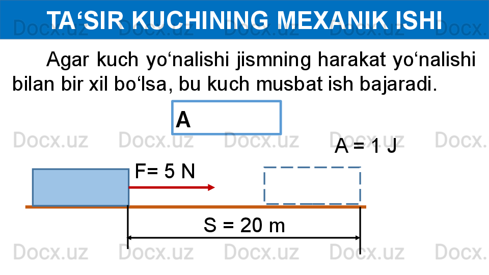 TA‘SIR KUCHINING MEXANIK ISHI
          Agar  kuch  yo‘nalishi  jismning  harakat  yo‘nalishi 
bilan bir xil bo‘lsa, bu kuch musbat ish bajaradi.
F= 5 N A = 1 J
S = 20 mA  