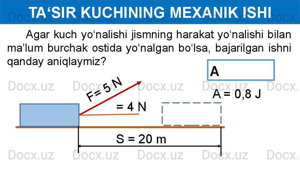 TA‘SIR KUCHINING MEXANIK ISHI
          Agar  kuch  yo‘nalishi  jismning  harakat  yo‘nalishi  bilan 
ma’lum  burchak  ostida  yo‘nalgan  bo‘lsa,  bajarilgan  ishni 
qanday aniqlaymiz?F	
=	
 5	
 N
A = 0,8 J
S = 20 m = 4 N A  