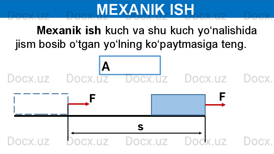       MEXANIK ISH 
       Mexanik ish  kuch va shu kuch yo‘nalishida 
jism bosib o‘tgan yo‘lning ko‘paytmasiga teng.
F F
sA  