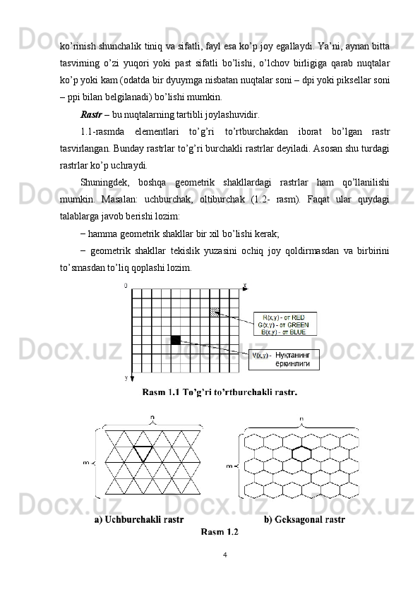 ko’rinish shunchalik tiniq va sifatli, fayl esa ko’p joy egallaydi. Ya’ni, aynan bitta
tasvirning   o’zi   yuqori   yoki   past   sifatli   bo’lishi,   o’lchov   birligiga   qarab   nuqtalar
ko’p yoki kam (odatda bir dyuymga nisbatan nuqtalar soni – dpi yoki piksellar soni
– ppi bilan belgilanadi) bo’lishi mumkin.
Rastr  – bu nuqtalarning tartibli joylashuvidir.
1.1-rasmda   elementlari   to’g’ri   to’rtburchakdan   iborat   bo’lgan   rastr
tasvirlangan. Bunday rastrlar to’g’ri burchakli rastrlar deyiladi. Asosan shu turdagi
rastrlar ko’p uchraydi.
Shuningdek,   boshqa   geometrik   shakllardagi   rastrlar   ham   qo’llanilishi
mumkin.   Masalan:   uchburchak,   oltiburchak   (1.2-   rasm).   Faqat   ular   quydagi
talablarga javob berishi lozim:
− hamma geometrik shakllar bir xil bo’lishi kerak;
−   geometrik   shakllar   tekislik   yuzasini   ochiq   joy   qoldirmasdan   va   birbirini
to’smasdan to’liq qoplashi lozim.
4 