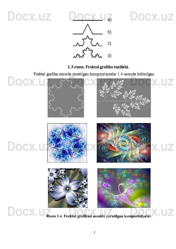 1.3-rasm. Fraktal grafika tuzilishi.
Fraktal grafika asosida yaratilgan kompozitsiyalar 1.4-rasmda keltirilgan.
7 