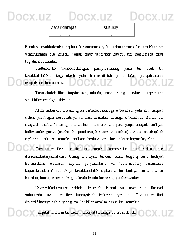 Bunday   tavakkalchilik   oqibati   korxonaning   yoki   tadbirkorning   bankrotlikka   va
yemirilishiga   olb   keladi.   Fojiali   xavf   tadbirkor   hayoti,   uni   sog’lig’iga   xavf
tug’dirishi mumkin.
Tadbirkorlik   tavakkalchiligini   pasaytirishning   yana   bir   usuli   bu
tavakkalchilikni   taqsimlash   yoki   birlashtirish   yo`li   bilan   yo`qotishlarni
qisqartirish hisoblanadi.  
Tavakkalchilikni   taqsimlash ,   odatda,   korxonaning   aktivlarini   taqsimlash
yo`li bilan amalga oshiriladi.
Mulk tadbirkor oilasining turli a’zolari nomiga o`tkaziladi yoki shu maqsad
uchun   yaratilgan   korporatsiya   va   trast   firmalari   nomiga   o`tkaziladi.   Bunda   bir
maqsad   atrofida   birlashgan   tadbirkor   oilasi   a’zolari   yoki   yaqin   aloqada   bo`lgan
tadbirkorlar guruhi (shirkat, korporatsiya, kontsern va boshqa) tavakkalchilik qilish
oqibatida ko`rilishi mumkin bo`lgan foyda va zararlarni o`zaro taqsimlaydilar.
Tavakkalchilikni   taqsimlash   orqali   kamaytirish   usullaridan   biri
diversifikatsiyalashdir.   Uning   mohiyati   bir-biri   bilan   bog`liq   turli   faoliyat
ko`rinishlari   o`rtasida   kapital   qo`yilmalarni   va   tovar-moddiy   resurslarni
taqsimlashdan   iborat.   Agar   tavakkalchilik   oqibatida   bir   faoliyat   turidan   zarar
ko`rilsa, boshqasidan ko`rilgan foyda hisobidan uni qoplash mumkin. 
Diversifikatsiyalash   ishlab   chiqarish,   tijorat   va   investitsion   faoliyat
sohalarida   tavakkalchilikni   kamaytirish   imkonini   yaratadi.   Tavakkalchilikni
diversifikatsiyalash quyidagi yo`llar bilan amalga oshirilishi mumkin:
- kapital sarflarni bir nechta faoliyat turlariga bo`lib sarflash;
11Zarar darajasi Xususiy
    ko’lami      = kapital 