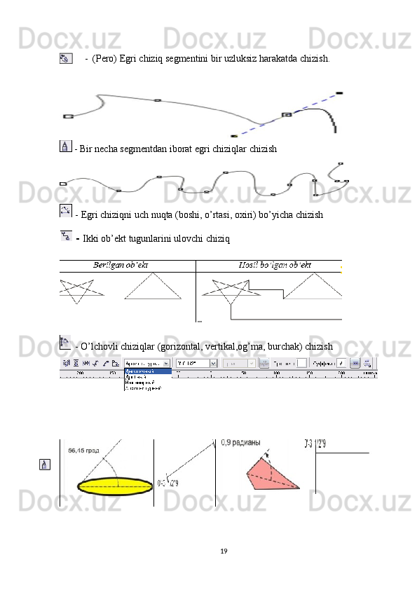-  (Pero)   Egri   chiziq   segmentini   bir   uzluksiz   harakatda   chizish.
 - Bir necha segmentdan iborat egri chiziqlar chizish
 -  Egri   chiziqni   uch   nuqta   (boshi,   o’rtasi,   o х iri)   bo’yicha   chizish
 -  Ikki   ob’ekt   tugunlarini ulovchi   chiziq
  - O’lchovli chiziqlar (gorizontal, vertikal,og’ma, burchak) chizish
19 