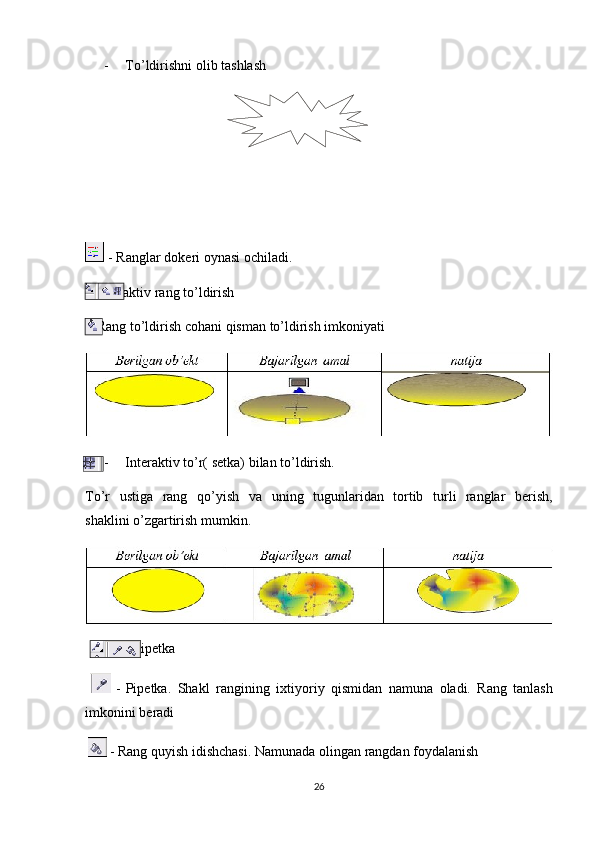 -  To’ldirishni   olib   tashlash
 - Ranglar   dokeri   oynasi   ochiladi.
 -  Interaktiv   rang   to’ldirish
 - Rang   to’ldirish   cohani   qisman   to’ldirish   imkoniyati
-  Interaktiv   to’r(   setka)   bilan   to’ldirish.
To’r   ustiga   rang   qo’yish   va   uning   tugunlaridan   tortib   turli   ranglar   berish,
shaklini   o’zgartirish mumkin.
-  - Pipetka
    -   Pipetka.   Shakl   rangining   i х tiyoriy   qismidan   namuna   oladi.   Rang   tanlash
im konini   beradi 
   - Rang   quyish   idishchasi.   Namunada   olingan   rangdan   foydalanish
26 