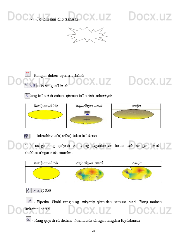 -  To’ldirishni   olib   tashlash
 - Ranglar   dokeri   oynasi   ochiladi.
 -  Interaktiv   rang   to’ldirish
 - Rang   to’ldirish   cohani   qisman   to’ldirish   imkoniyati
-  Interaktiv   to’r(   setka)   bilan   to’ldirish.
To’r   ustiga   rang   qo’yish   va   uning   tugunlaridan   tortib   turli   ranglar   berish,
shaklini   o’zgartirish mumkin.
-  - Pipetka
    -   Pipetka.   Shakl   rangining   i х tiyoriy   qismidan   namuna   oladi.   Rang   tanlash
im konini   beradi 
   - Rang   quyish   idishchasi.   Namunada   olingan   rangdan   foydalanish
26