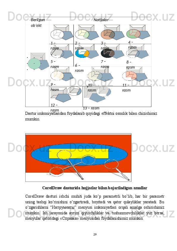 Dastur imkoniyatlaridan foydalanib quyidagi effektni osonlik bilan chizishimiz 
mumkin.
CorelDraw dasturida hujjatlar bilan bajariladigan amallar
CorelDraw   dasturi   ishchi   muhiti   juda   ko’p   parametrli   bo’lib,   har   bir   parametr
uning   tashqi   ko’rinishini   o’zgartiradi,   boyitadi   va   qator   qulayliklar   yaratadi.   Bu
o’zgarishlarni   “Интрументы”   menyusi   imkoniyatlari   orqali   amalga   oshirishimiz
mumkin.   Ish   jarayonida   ayrim   qiyinchiliklar   va   tushunmovchiliklar   yuz   bersa,
menyular qatoridagi «Справка» menyusidan foydalanishimiz mumkin.
29Berilgan
ob’ekt Natijalar
1 – 
rasm 2 – 
rasm 3 – 
rasm 4   –  
rasm
5 – 
rasm 7 – 
rasm 8 – 
rasm6 – 
rasm
9 – 
rasm 10 – 
rasm 11 – 
rasm
12 – 
rasm 13 – rasm 