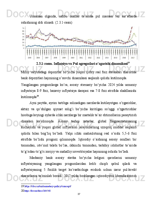 Umuman   olganda,   ushbu   omillar   ta sirida   pul   massasi   tez   sur atlardaʼ ʼ
oshishining oldi olinadi. (2.3.1-rasm) 
2.3.1-rasm. Inflatsiya va Pul agregatlari o’zgarishi dinamikasi 19
 
Milliy valyutadagi depozitlar bo yicha yuqori ijobiy real foiz stavkalari sharoitida	
ʼ
bank depozitlari hajmining o suvchi dinamikasi saqlanib qolishi kutilmoqda. 	
ʼ
Yangilangan   prognozlarga   ko ra,   asosiy   stsenariy   bo yicha   2024   yilda   umumiy	
ʼ ʼ
inflyatsiya   8-9  foiz,  bazaviy   inflyatsiya   darajasi  esa   7-8  foiz  atrofida  shakllanishi
kutilmoqda 20
. 
А yni paytda, ayrim tartibga solinadigan narxlarda kutilayotgan o zgarishlar,	
ʼ
aktsiz   va   qo shilgan   qiymat   solig i   bo yicha   kiritilgan   so nggi   o zgartirishlar	
ʼ ʼ ʼ ʼ ʼ
hisobiga keyingi oylarda ichki narxlarga bir martalik ta sir ehtimollarini pasaytirish	
ʼ
choralari   ko rilmoqda.  	
ʼ А sosiy   tashqi   xatarlar,   global   fragmentatsiyaning
kuchayishi   va   yuqori   global   inflyatsion   jarayonlarning   uzoqroq   muddat   saqlanib
qolishi   bilan   bog liq   bo ladi.   Yalpi   ichki   mahsulotning   real   o sishi   5,5-6   foiz	
ʼ ʼ ʼ
atrofida   bo lishi   prognoz   qilinmoqda.   Iqtisodiy   o sishning   asosiy   omillari   bir	
ʼ ʼ
tomondan,   iste mol   talabi   bo lsa,   ikkinchi   tomondan,   tarkibiy   islohotlar   ta sirida	
ʼ ʼ ʼ
to g ridan-to g ri xorijiy va mahalliy investitsiyalar hajmining oshishi bo ladi. 	
ʼ ʼ ʼ ʼ ʼ
Markaziy   bank   asosiy   stavka   bo yicha   kelgusi   qarorlarini   umumiy	
ʼ
inflyatsiyaning   yangilangan   prognozlaridan   kelib   chiqib   qabul   qiladi   va
inflyatsiyaning   5   foizlik   target   ko rsatkichiga   erishish   uchun   zarur   pul-kredit	
ʼ
sharoitlarini ta minlab boradi. 2017-yilda boshlangan iqtisodiyotni liberallashtirish	
ʼ
19   https://cbu.uz/uz/monetary - policy/concept/  
20   https://lex.uz/docs/264548  
37  
  