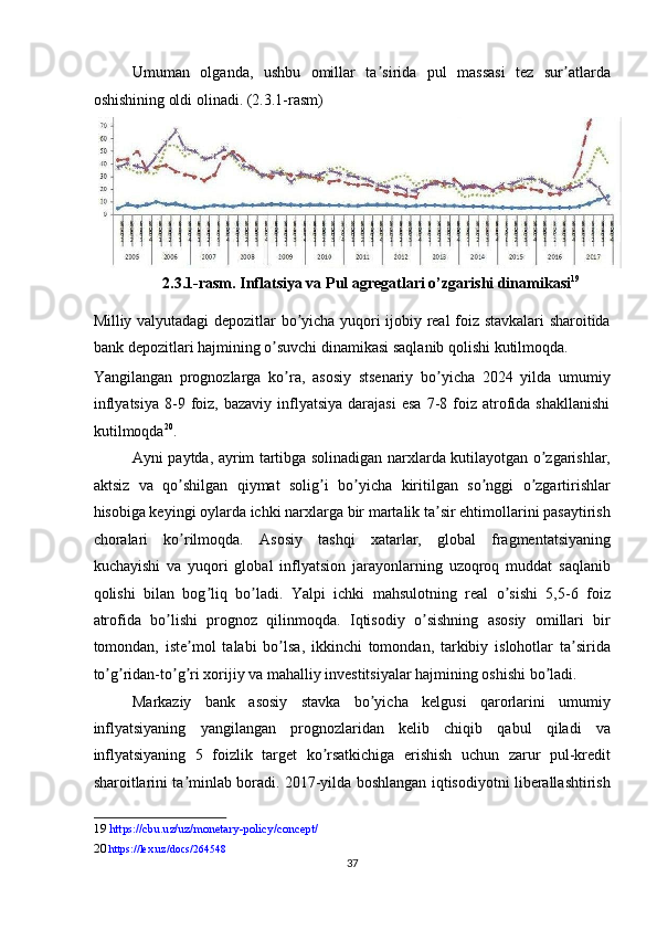 Umuman   olganda,   ushbu   omillar   ta sirida   pul   massasi   tez   sur atlardaʼ ʼ
oshishining oldi olinadi. (2.3.1-rasm) 
2.3.1-rasm. Inflatsiya va Pul agregatlari o’zgarishi dinamikasi 19
 
Milliy valyutadagi depozitlar bo yicha yuqori ijobiy real foiz stavkalari sharoitida	
ʼ
bank depozitlari hajmining o suvchi dinamikasi saqlanib qolishi kutilmoqda. 	
ʼ
Yangilangan   prognozlarga   ko ra,   asosiy   stsenariy   bo yicha   2024   yilda   umumiy	
ʼ ʼ
inflyatsiya   8-9  foiz,  bazaviy   inflyatsiya   darajasi  esa   7-8  foiz  atrofida  shakllanishi
kutilmoqda 20
. 
А yni paytda, ayrim tartibga solinadigan narxlarda kutilayotgan o zgarishlar,	
ʼ
aktsiz   va   qo shilgan   qiymat   solig i   bo yicha   kiritilgan   so nggi   o zgartirishlar	
ʼ ʼ ʼ ʼ ʼ
hisobiga keyingi oylarda ichki narxlarga bir martalik ta sir ehtimollarini pasaytirish	
ʼ
choralari   ko rilmoqda.  	
ʼ А sosiy   tashqi   xatarlar,   global   fragmentatsiyaning
kuchayishi   va   yuqori   global   inflyatsion   jarayonlarning   uzoqroq   muddat   saqlanib
qolishi   bilan   bog liq   bo ladi.   Yalpi   ichki   mahsulotning   real   o sishi   5,5-6   foiz	
ʼ ʼ ʼ
atrofida   bo lishi   prognoz   qilinmoqda.   Iqtisodiy   o sishning   asosiy   omillari   bir	
ʼ ʼ
tomondan,   iste mol   talabi   bo lsa,   ikkinchi   tomondan,   tarkibiy   islohotlar   ta sirida	
ʼ ʼ ʼ
to g ridan-to g ri xorijiy va mahalliy investitsiyalar hajmining oshishi bo ladi. 	
ʼ ʼ ʼ ʼ ʼ
Markaziy   bank   asosiy   stavka   bo yicha   kelgusi   qarorlarini   umumiy	
ʼ
inflyatsiyaning   yangilangan   prognozlaridan   kelib   chiqib   qabul   qiladi   va
inflyatsiyaning   5   foizlik   target   ko rsatkichiga   erishish   uchun   zarur   pul-kredit	
ʼ
sharoitlarini ta minlab boradi. 2017-yilda boshlangan iqtisodiyotni liberallashtirish	
ʼ
19   https://cbu.uz/uz/monetary - policy/concept/  
20   https://lex.uz/docs/264548  
37
