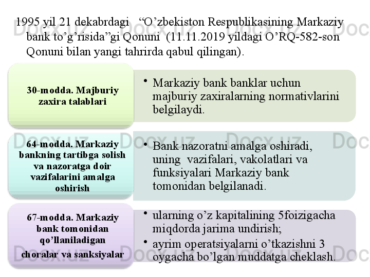 •
Markaziy bank banklar uchun  
majburiy zaxiralarning normativlarini 
belgilaydi.30- modda. Majburiy 
zaxira talablari
•
Bank nazoratni amalga oshiradi,  
uning  vazifalari, vakolatlari va 
funksiyalari Markaziy bank 
tomonidan belgilanadi.64-modda. Markaziy 
bankning tartibga solish 
va nazoratga doir 
vazifalarini amalga 
oshirish
•
ularning o’z kapitalining 5foizigacha 
miqdorda jarima undirish;
•
ayrim operatsiyalarni o’tkazishni 3  
oygacha bo’lgan muddatga cheklash.67-modda. Markaziy 
bank tomonidan 
qo’llaniladigan
choralar va sanksiyalar1995 yil 21 dekabrdagi   “O’zbekiston Respublikasining Markaziy 
bank to’g’risida”gi Qonuni  (11.11.2019 yildagi O’RQ -582- son 
Qonuni bilan yangi tahrirda qabul qilingan).