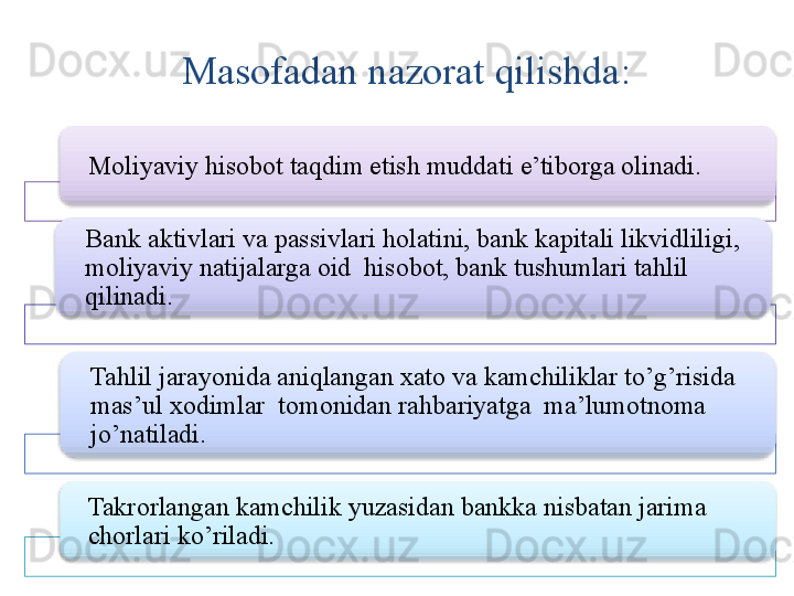 Masofadan nazorat qilishda :
Moliyaviy hisobot taqdim etish muddati e’tiborga olinadi.
Bank aktivlari va passivlari holatini, bank kapitali likvidliligi, 
moliyaviy natijalarga oid  hisobot, bank tushumlari tahlil 
qilinadi.
Tahlil jarayonida aniqlangan xato va kamchiliklar to’g’risida 
mas’ul xodimlar  tomonidan rahbariyatga  ma’lumotnoma  
jo’natiladi.
Takrorlangan kamchilik yuzasidan bankka nisbatan jarima 
chorlari ko’riladi.         