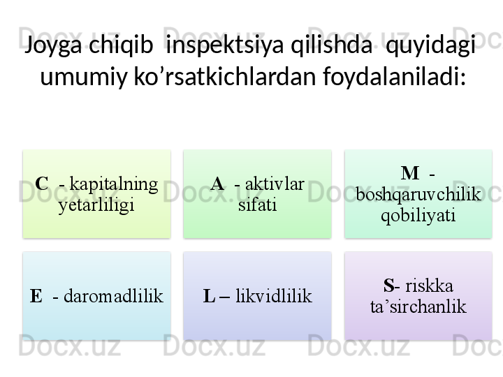 Joyga chiqib  inspektsiya qilishda  quyidagi  
umumiy ko’rsatkichlardan foydalaniladi:
C   -  kapitalning 
yetarliligi A    -  aktivlar 
sifati M   - 
boshqaruvchilik 
qobiliyati
E   -  daromadlilik L  –  likvidlilik S - riskka 
ta’sirchanlik       