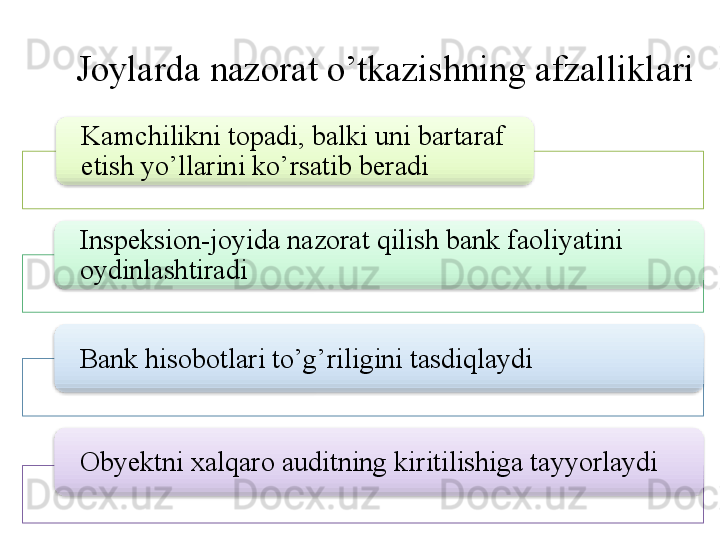 Joylarda nazorat o’tkazishning afzalliklari
Kamchilikni topadi, balki uni bartaraf 
etish yo’llarini ko’rsatib beradi
Inspeksion-joyida nazorat qilish bank faoliyatini 
oydinlashtiradi
Bank hisobotlari to’g’riligini tasdiqlaydi
Obyektni xalqaro auditning kiritilishiga tayyorlaydi