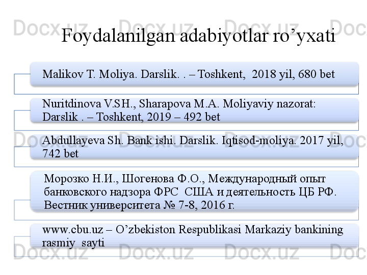 Foydalanilgan adabiyotlar ro’yxati
Malikov T. Moliya. Darslik. . – Toshkent,  2018 yil, 680 bet
Nuritdinova V.SH., Sharapova M.A. Moliyaviy nazorat: 
Darslik . – Toshkent, 2019 – 492 bet
Abdullayeva Sh. Bank ishi. Darslik. Iqtisod-moliya. 2017 yil, 
742 bet
Морозко Н.И., Шогенова Ф.О.,  М еждународный опыт 
банковского надзора ФРС  США и деятельность ЦБ РФ . 
Вестник университета № 7-8, 2016 г.
www.cbu.uz –  O’zbekiston Respublikasi Markaziy bankining 
rasmiy  sayti           