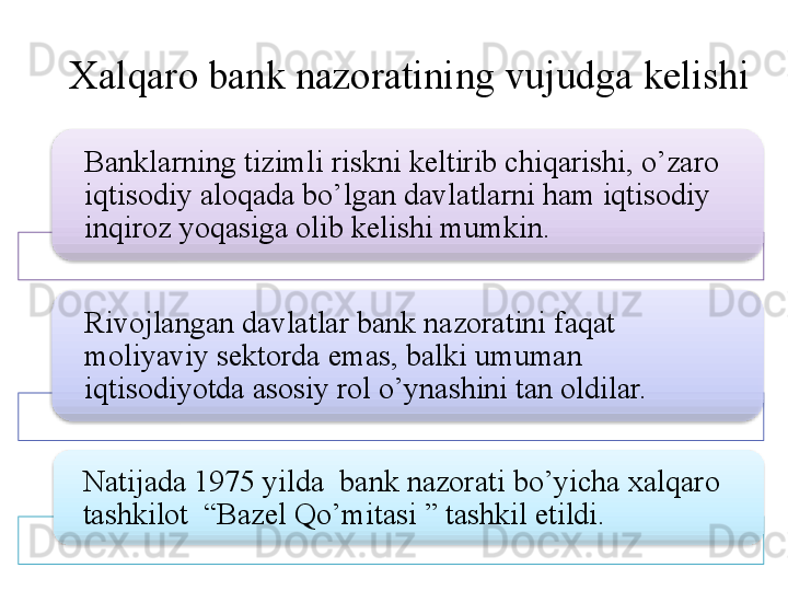 Xalqaro bank nazoratining vujudga kelishi
Banklarning tizimli riskni keltirib chiqarishi, o’zaro  
iqtisodiy aloqada bo’lgan davlatlarni ham iqtisodiy 
inqiroz yoqasiga olib kelishi mumkin.
Rivojlangan davlatlar bank nazoratini faqat 
moliyaviy sektorda emas, balki umuman 
iqtisodiyotda asosiy rol o’ynashini tan oldilar.
Natijada 1975 yilda  bank nazorati bo’yicha xalqaro 
tashkilot  “Bazel Qo’mitasi ” tashkil etildi.