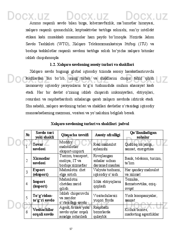 17Ammo   raqamli   savdo   bilan   birga,   kiberxavfsizlik,   ma’lumotlar   himoyasi,
xalqaro   raqamli   qonunchilik,   kriptoaktivlar   tartibga   solinishi,   sun’iy   intellekt
etikasi   kabi   murakkab   muammolar   ham   paydo   bo‘lmoqda.   Hozirda   Jahon
Savdo   Tashkiloti   (WTO),   Xalqaro   Telekommunikatsiya   Ittifoqi   (ITU)   va
boshqa   tashkilotlar   raqamli   savdoni   tartibga   solish   bo‘yicha   xalqaro   bitimlar
ishlab chiqishmoqda.
1.2. Xalqaro savdoning asosiy turlari va shakllari
Xalqaro   savdo   bugungi   global   iqtisodiy   tizimda   asosiy   harakatlantiruvchi
kuchlardan   biri   bo‘lib,   uning   turlari   va   shakllarini   chuqur   tahlil   qilish
zamonaviy   iqtisodiy   jarayonlarni   to‘g‘ri   tushunishda   muhim   ahamiyat   kasb
etadi.   Har   bir   davlat   o‘zining   ishlab   chiqarish   imkoniyatlari,   ehtiyojlari,
resurslari   va   raqobatbardosh   sohalariga   qarab   xalqaro   savdoda   ishtirok   etadi.
Shu sababli, xalqaro savdoning turlari va shakllari davlatlar o‘rtasidagi iqtisodiy
munosabatlarning mazmuni, vositasi va yo‘nalishini belgilab beradi.
Xalqaro savdoning turlari va shakllari  jadval
№ Savdo turi
yoki shakli Qisqacha tavsifi Asosiy afzalligi Qo‘llaniladigan
sohalar
1 Tovar 
savdosi Moddiy 
mahsulotlar 
eksport-importi Real mahsulot 
aylanishi Qishloq xo‘jaligi, 
sanoat, energetika
2 Xizmatlar 
savdosi Turizm, transport, 
moliya, IT va 
boshqa xizmatlar Rivojlangan 
sohalar uchun 
daromad manbai Bank, telekom, turizm,
ta’lim
3 Export 
(eksport) Mahsulotni chet 
elga sotish Valyuta tushumi,
iqtisodiy o‘sish Har qanday mahsulot 
va xizmat
4 Import 
(import) Mahsulotni 
chetdan xarid 
qilish Ichki ehtiyojlarni
qoplash Texnika, 
farmatsevtika, oziq-
ovqat
5 To‘g‘ridan-
to‘g‘ri savdo Ishlab chiqaruvchi 
va xaridor 
o‘rtasidagi savdo Vositachilarsiz 
yuqori foyda Yirik kompaniyalar, 
sanoat
6 Vositachilar 
orqali savdo Agent, broker yoki
savdo uylar orqali 
amalga oshiriladi Raqobatli 
bozorlarda 
qulaylik Kichik biznes, 
marketing agentliklar 