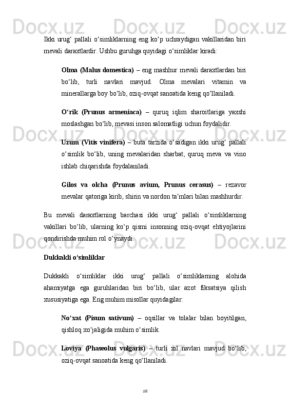 28Ikki   urug‘  pallali   o‘simliklarning  eng ko‘p  uchraydigan  vakillaridan biri
mevali daraxtlardir. Ushbu guruhga quyidagi o‘simliklar kiradi:
Olma (Malus domestica)   – eng mashhur mevali daraxtlardan biri
bo‘lib,   turli   navlari   mavjud.   Olma   mevalari   vitamin   va
minerallarga boy bo‘lib, oziq-ovqat sanoatida keng qo‘llaniladi.
O‘rik   (Prunus   armeniaca)   –   quruq   iqlim   sharoitlariga   yaxshi
moslashgan bo‘lib, mevasi inson salomatligi uchun foydalidir.
Uzum   (Vitis   vinifera)   –   buta   tarzida   o‘sadigan   ikki   urug‘   pallali
o‘simlik   bo‘lib,   uning   mevalaridan   sharbat,   quruq   meva   va   vino
ishlab chiqarishda foydalaniladi.
Gilos   va   olcha   (Prunus   avium,   Prunus   cerasus)   –   rezavor
mevalar qatoriga kirib, shirin va nordon ta’mlari bilan mashhurdir.
Bu   mevali   daraxtlarning   barchasi   ikki   urug‘   pallali   o‘simliklarning
vakillari   bo‘lib,   ularning   ko‘p   qismi   insonning   oziq-ovqat   ehtiyojlarini
qondirishda muhim rol o‘ynaydi.
Dukkakli o‘simliklar
Dukkakli   o‘simliklar   ikki   urug‘   pallali   o‘simliklarning   alohida
ahamiyatga   ega   guruhlaridan   biri   bo‘lib,   ular   azot   fiksatsiya   qilish
xususiyatiga ega. Eng muhim misollar quyidagilar:
No‘xat   (Pisum   sativum)   –   oqsillar   va   tolalar   bilan   boyitilgan,
qishloq xo‘jaligida muhim o‘simlik.
Loviya   (Phaseolus   vulgaris)   –   turli   xil   navlari   mavjud   bo‘lib,
oziq-ovqat sanoatida keng qo‘llaniladi. 