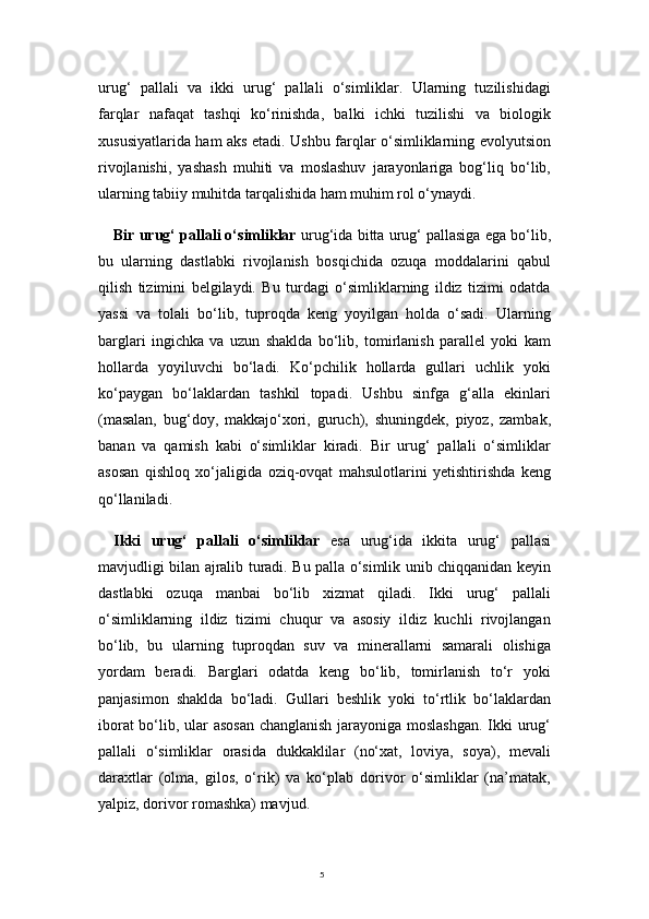 5urug‘   pallali   va   ikki   urug‘   pallali   o‘simliklar.   Ularning   tuzilishidagi
farqlar   nafaqat   tashqi   ko‘rinishda,   balki   ichki   tuzilishi   va   biologik
xususiyatlarida ham aks etadi. Ushbu farqlar o‘simliklarning evolyutsion
rivojlanishi,   yashash   muhiti   va   moslashuv   jarayonlariga   bog‘liq   bo‘lib,
ularning tabiiy muhitda tarqalishida ham muhim rol o‘ynaydi.
Bir urug‘ pallali o‘simliklar  urug‘ida bitta urug‘ pallasiga ega bo‘lib,
bu   ularning   dastlabki   rivojlanish   bosqichida   ozuqa   moddalarini   qabul
qilish   tizimini   belgilaydi.   Bu   turdagi   o‘simliklarning   ildiz   tizimi   odatda
yassi   va   tolali   bo‘lib,   tuproqda   keng   yoyilgan   holda   o‘sadi.   Ularning
barglari   ingichka   va   uzun   shaklda   bo‘lib,   tomirlanish   parallel   yoki   kam
hollarda   yoyiluvchi   bo‘ladi.   Ko‘pchilik   hollarda   gullari   uchlik   yoki
ko‘paygan   bo‘laklardan   tashkil   topadi.   Ushbu   sinfga   g‘alla   ekinlari
(masalan,   bug‘doy,   makkajo‘xori,   guruch),   shuningdek,   piyoz,   zambak,
banan   va   qamish   kabi   o‘simliklar   kiradi.   Bir   urug‘   pallali   o‘simliklar
asosan   qishloq   xo‘jaligida   oziq-ovqat   mahsulotlarini   yetishtirishda   keng
qo‘llaniladi.
Ikki   urug‘   pallali   o‘simliklar   esa   urug‘ida   ikkita   urug‘   pallasi
mavjudligi bilan ajralib turadi. Bu palla o‘simlik unib chiqqanidan keyin
dastlabki   ozuqa   manbai   bo‘lib   xizmat   qiladi.   Ikki   urug‘   pallali
o‘simliklarning   ildiz   tizimi   chuqur   va   asosiy   ildiz   kuchli   rivojlangan
bo‘lib,   bu   ularning   tuproqdan   suv   va   minerallarni   samarali   olishiga
yordam   beradi.   Barglari   odatda   keng   bo‘lib,   tomirlanish   to‘r   yoki
panjasimon   shaklda   bo‘ladi.   Gullari   beshlik   yoki   to‘rtlik   bo‘laklardan
iborat bo‘lib, ular asosan changlanish jarayoniga moslashgan.  Ikki urug‘
pallali   o‘simliklar   orasida   dukkaklilar   (no‘xat,   loviya,   soya),   mevali
daraxtlar   (olma,   gilos,   o‘rik)   va   ko‘plab   dorivor   o‘simliklar   (na’matak,
yalpiz, dorivor romashka) mavjud. 