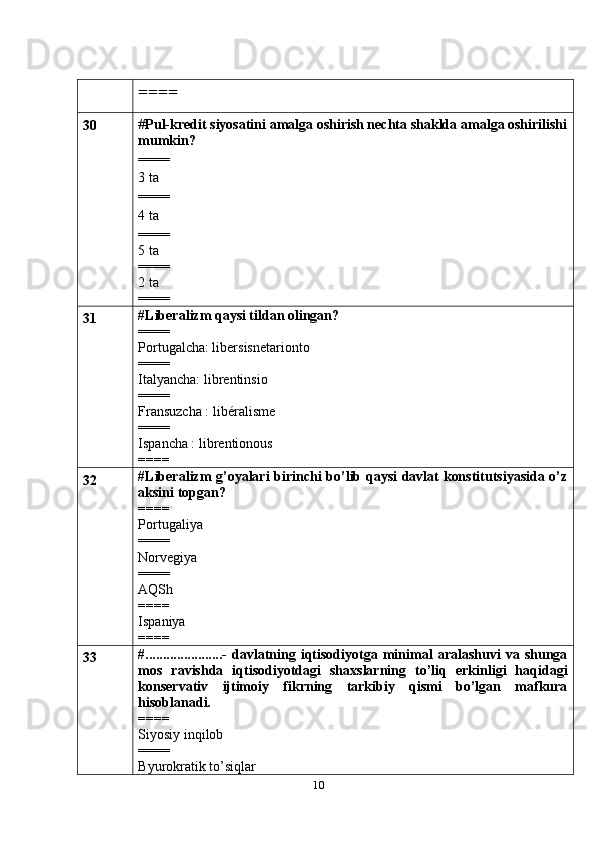 10====
30 # Pul-kredit siyosatini amalga oshirish nechta shaklda   amalga oshirilishi
mumkin?
====
3 ta
====
4 ta 
====
5 ta
====
2 ta
====
31 #Liberalizm qaysi tildan olingan?
====
Portugalcha: libersisnetarionto
====
Italyancha: librentinsio
====
Fransuzcha : libéralisme
====
Ispancha : librentionous
====
32 #Liberalizm g’oyalari birinchi bo’lib qaysi davlat konstitutsiyasida o’z
aksini topgan?
====
Portugaliya
====
Norvegiya
====
AQSh
====
Ispaniya
====
33 # ......................-   davlatning   iqtisodiyotga   minimal   aralashuvi   va   shunga
mos   ravishda   iqtisodiyotdagi   shaxslarning   to’liq   erkinligi   haqidagi
konservativ   ijtimoiy   fikrning   tarkibiy   qismi   bo’lgan   mafkura
hisoblanadi.
====
Siyosiy inqilob
====
Byurokratik to’siqlar 