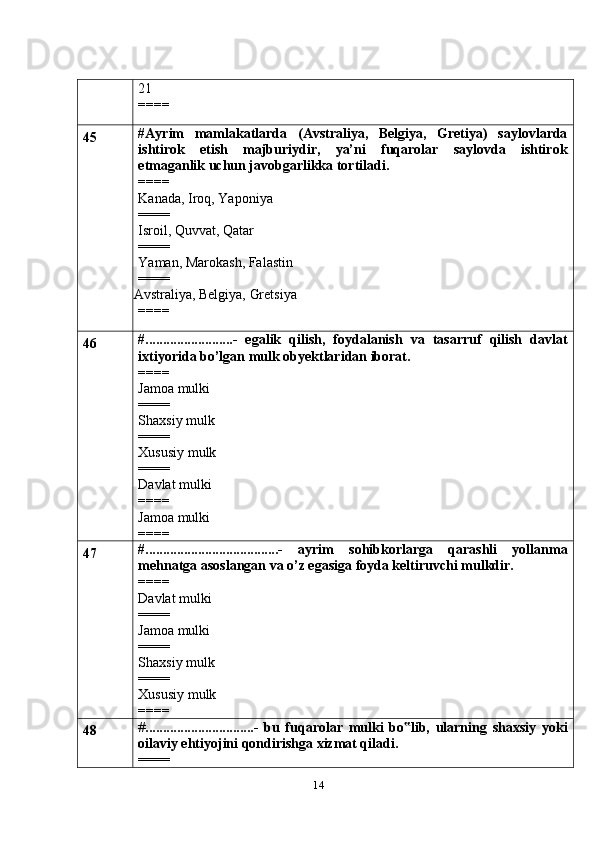 1421
====
45 #Ayrim   mamlakatlarda   (Avstraliya,   Belgiya,   Gretiya)   saylovlarda
ishtirok   etish   majburiydir,   ya’ni   fuqarolar   saylovda   ishtirok
etmaganlik uchun javobgarlikka tortiladi.
====
Kanada, Iroq, Yaponiya
====
Isroil, Quvvat, Qatar
====
Yaman, Marokash, Falastin
====
 Avstraliya, Belgiya, Gretsiya
====
46 #.........................-   egalik   qilish,   foydalanish   va   tasarruf   qilish   davlat
ixtiyorida bo’lgan mulk obyektlaridan iborat.
====
Jamoa mulki
====
Shaxsiy mulk
====
Xususiy mulk
====
Davlat mulki
====
Jamoa mulki
====
47 #......................................-   ayrim   sohibkorlarga   qarashli   yollanma
mehnatga asoslangan va o’z egasiga foyda keltiruvchi mulkdir.
====
Davlat mulki
====
Jamoa mulki
====
Shaxsiy mulk
====
Xususiy mulk
====
48 # ...............................-   bu   fuqarolar   mulki   bo lib,   ularning   shaxsiy   yoki‟
oilaviy ehtiyojini qondirishga xizmat qiladi.
==== 