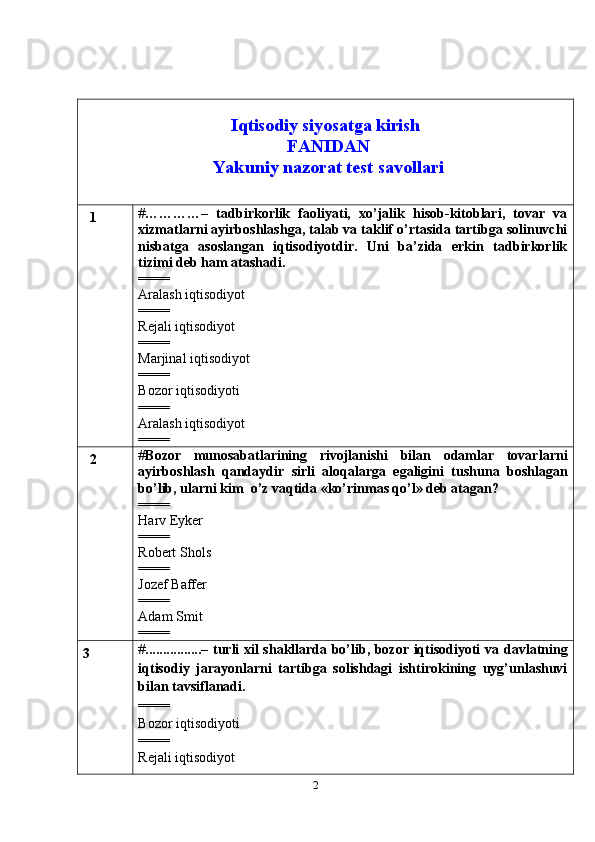 2Iqtisodiy siyosatga kirish 
FANIDAN
Yakuniy nazorat test savollari
1 # …………–   tadbirkorlik   faoliyati,   xo’jalik   hisob-kitoblari,   tovar   va
xizmatlarni ayirboshlashga, talab va taklif o’rtasida tartibga solinuvchi
nisbatga   asoslangan   iqtisodiyotdir.   Uni   ba’zida   erkin   tadbirkorlik
tizimi deb ham atashadi.
====
Aralash iqtisodiyot
====
Rejali iqtisodiyot
====
Marjinal iqtisodiyot
====
Bozor iqtisodiyoti
====
Aralash iqtisodiyot
====
2 # Bozor   munosabatlarining   rivojlanishi   bilan   odamlar   tovarlarni
ayirboshlash   qandaydir   sirli   aloqalarga   egaligini   tushuna   boshlagan
bo’lib, ularni kim    o’z vaqtida «ko’rinmas qo’l» deb atagan?
====
Harv Eyker
====
Robert Shols
====
Jozef Baffer
====
Adam Smit
====
3 # ................– turli xil shakllarda bo’lib, bozor iqtisodiyoti va   davlatning
iqtisodiy   jarayonlarni   tartibga   solishdagi   ishtirokining   uyg’unlashuvi
bilan   tavsiflanadi.
====
Bozor iqtisodiyoti
====
Rejali iqtisodiyot