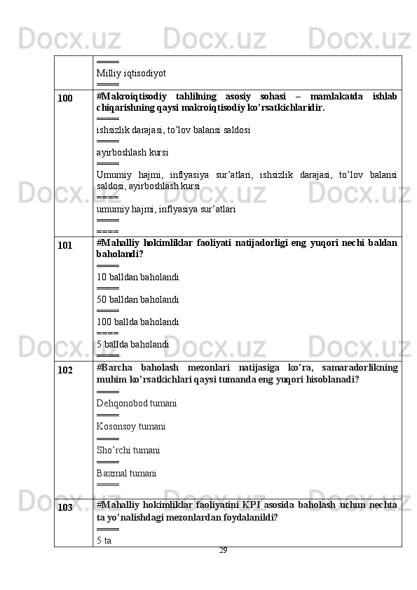 29====
Milliy iqtisodiyot
====
100 # Makroiqtisodiy   tahlilning   asosiy   sohasi   –   mamlakatda   ishlab
chiqarishning qaysi makroiqtisodiy ko’rsatkichlaridir.
====
ishsizlik darajasi, to’lov balansi saldosi
====
ayirboshlash kursi
====
Umumiy   hajmi,   inflyasiya   sur’atlari,   ishsizlik   darajasi,   to’lov   balansi
saldosi, ayirboshlash kursi
====
umumiy hajmi, inflyasiya sur’atlari
====
====
101 # Mahalliy   hokimliklar   faoliyati   natijadorligi   eng   yuqori   nechi   baldan
baholandi?
====
10 balldan baholandi
====
50 balldan baholandi
====
100 ballda baholandi
====
5 ballda baholandi
====
102 # Barcha   baholash   mezonlari   natijasiga   ko’ra,   samaradorlikning
muhim ko’rsatkichlari qaysi tumanda eng yuqori hisoblanadi?
====
Dehqonobod tumani 
====
Kosonsoy tumani
====
Sho’rchi tumani
====
Baxmal tumani
====
103 # Mahalliy   hokimliklar   faoliyatini   KPI   asosida   baholash   uchun   nechta
ta yo’nalishdagi mezonlardan foydalanildi?
====
5 ta 