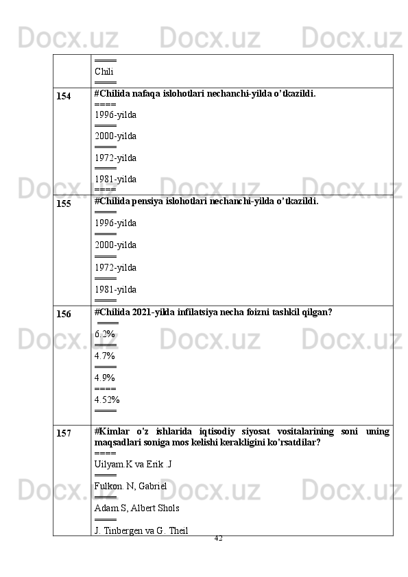 42====
Chili
====
154 #Chilida nafaqa islohotlari nechanchi-yilda o’tkazildi.
====
1996-yilda
====
2000-yilda
====
1972-yilda
====
1981-yilda
====
155 # Chilida pensiya islohotlari nechanchi-yilda o’tkazildi.
====
1996-yilda
====
2000-yilda
====
1972-yilda
====
1981-yilda
====
156 # Chilida 2021-yilda infilatsiya necha foizni tashkil qilgan?
 ====
6.2%
====
4.7%
====
4.9%
====
4.52%
====
157 # Kimlar   o'z   ishlarida   iqtisodiy   siyosat   vositalarining   soni   uning
maqsadlari   soniga   mos   kelishi   kerakligini   ko'rsatdilar?
====
Uilyam.K va Erik .J
====
Fulkon. N, Gabriel
====
Adam.S, Albert Shols
====
J. Tinbergen va G. Theil 