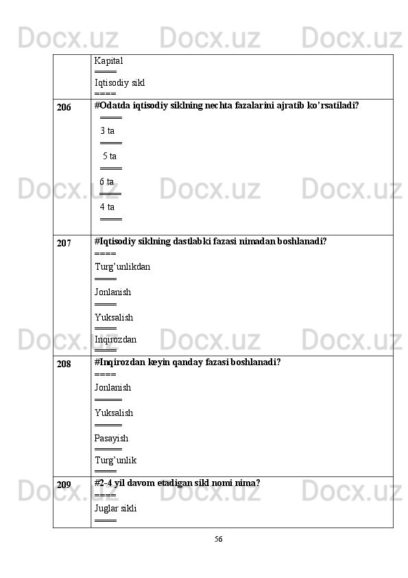 56Kapital
====
Iqtisodiy sikl
====
206 # Odatda iqtisodiy siklning nechta fazalarini ajratib ko’rsatiladi?
====
3 ta
====
 5 ta
==== 
  6 ta
  ==== 
4 ta 
====
207 # Iqtisodiy siklning dastlabki fazasi nimadan boshlanadi?
====
Turg’unlikdan
====
Jonlanish
====
Yuksalish
====
Inqirozdan
====
208 # Inqirozdan keyin qanday fazasi boshlanadi?
====
Jonlanish
=====
Yuksalish
=====
Pasayish
=====
Turg’unlik
====
209 # 2-4 yil davom etadigan sikl nomi nima?
====
Juglar sikli
==== 