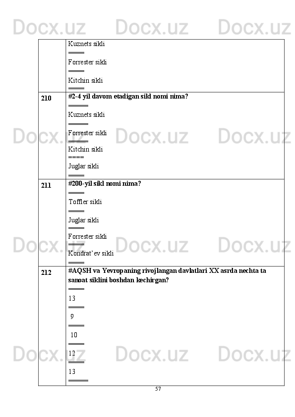 57Kuznets sikli
====
Forrester sikli
====
Kitchin sikli
====
210 # 2-4 yil davom etadigan sikl nomi nima?
=====
Kuznets sikli
=====
Forrester sikli
=====
Kitchin sikli
====
Juglar sikli
====
211 # 200-yil sikl nomi nima?
====
Toffler sikli
====
Juglar sikli
====
Forrester sikli
====
Kondrat’ev sikli
====
212 # AQSH va Yevropaning rivojlangan davlatlari XX asrda nechta ta 
sanoat siklini boshdan kechirgan?
====
13
====
 9
====
 10
====
12
====
13
===== 