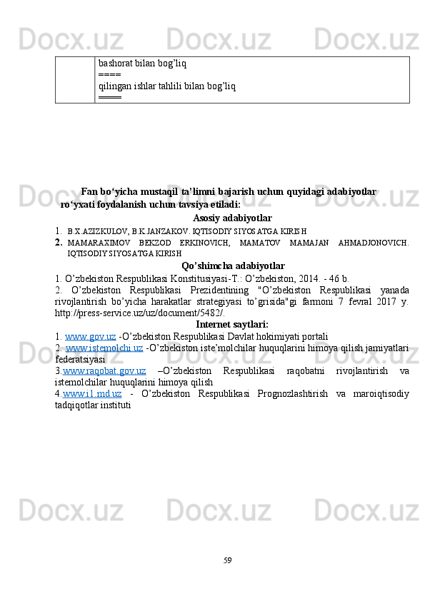 59bashorat bilan bog’liq
====
qilingan ishlar tahlili bilan bog’liq
====
 
Fan   bo yichaʻ   mustaqil   ta’limni   bajarish   uchun   quyidagi   adabiyotlar  
ro yxati foydalanish	
ʻ   uchun   tavsiya   etiladi:
Asosiy adabiyotlar
1. B.X.AZIZKULOV, B.K.JANZAKOV. IQTISODIY SIYOSATGA KIRISH
2. MAMARAXIMOV   BEKZOD   ERKINOVICH,   MAMATOV   MAMAJAN   AHMADJONOVICH.
IQTISODIY SIYOSATGA KIRISH
Qo’shimcha adabiyotlar
1. O’zbekiston Respublikasi Konstitusiyasi-T.: O’zbekiston, 2014. - 46 b.
2.   O’zbekiston   Respublikasi   Prezidentining   "O’zbekiston   Respublikasi   yanada
rivojlantirish   bo’yicha   harakatlar   strategiyasi   to’grisida"gi   farmoni   7   fevral   2017   y.
http://press-service.uz/uz/document/5482/.
I nternet  saytlari:
1.  www.gov.uz  -O’zbekiston Respublikasi Davlat hokimiyati portali 
2.  www.istemolchi.uz  -O’zbekiston iste’molchilar huquqlarini himoya qilish jamiyatlari
federatsiyasi
3. www.raqobat.gov.uz   –O’zbekiston   Respublikasi   raqobatni   rivojlantirish   va
istemolchilar huquqlarini himoya qilish
4. www.i1.md.uz   -   O’zbekiston   Respublikasi   Prognozlashtirish   va   maroiqtisodiy
tadqiqotlar instituti 